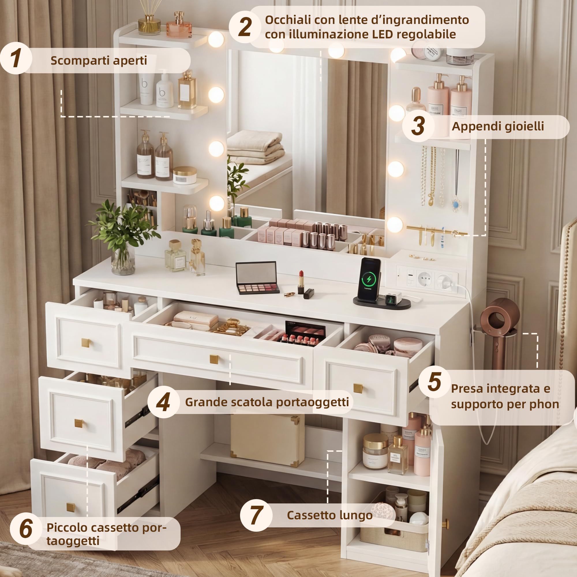 Toeletta Trucco con 10 Luci LED Regolabili e Ganci per Gioielli, Tavolo da Trucco con Specchio Grande, Prese e Porte USB, 6 Cassetti, 5 Scomparti e Porta Phon, Design Moderno, Bianco JBDT002WT