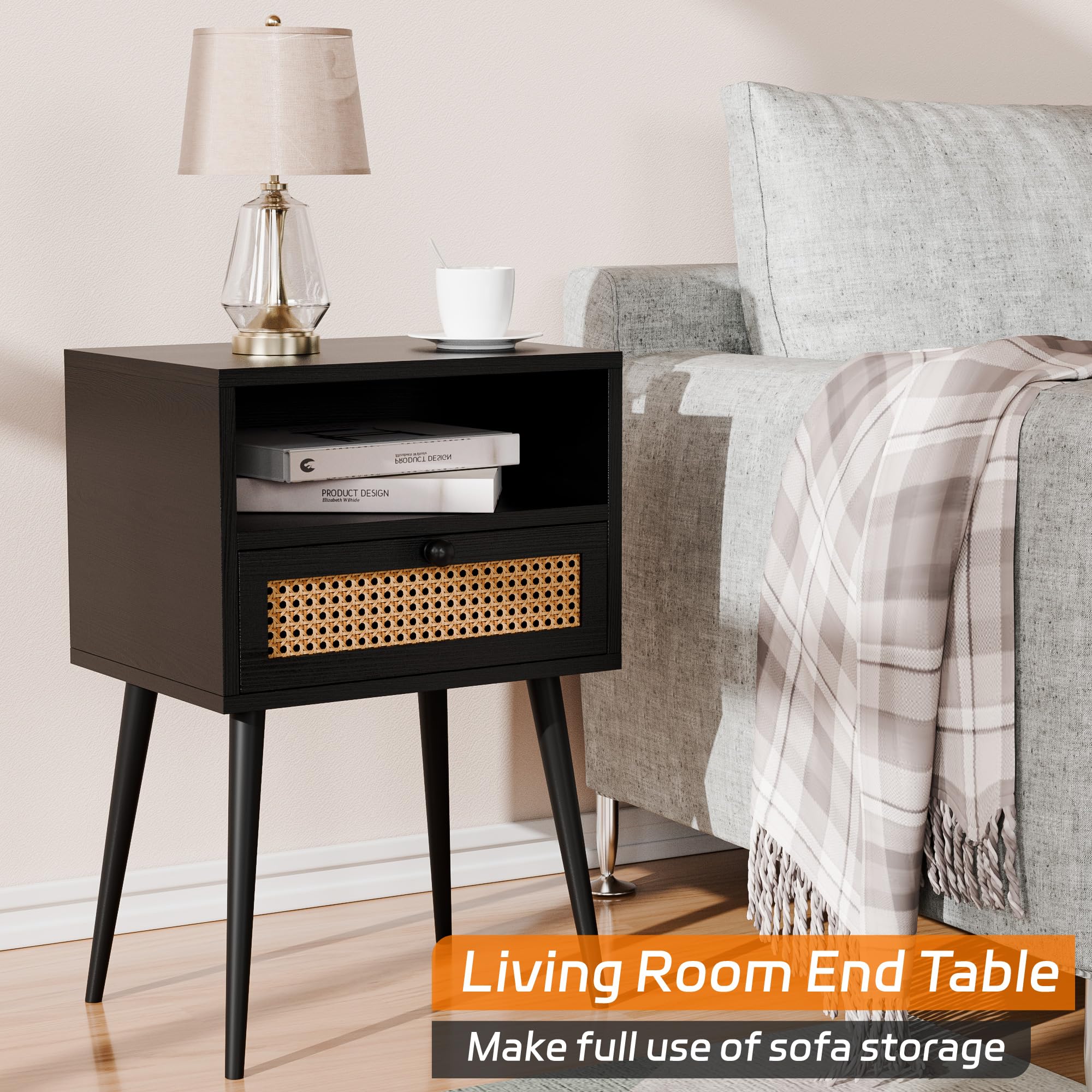 Black Nightstand Bedside Table Small Nightstand with Drawers Rattan Side Table Living Room End Tables Bedroom Wood Mid Century Modern Nightstands