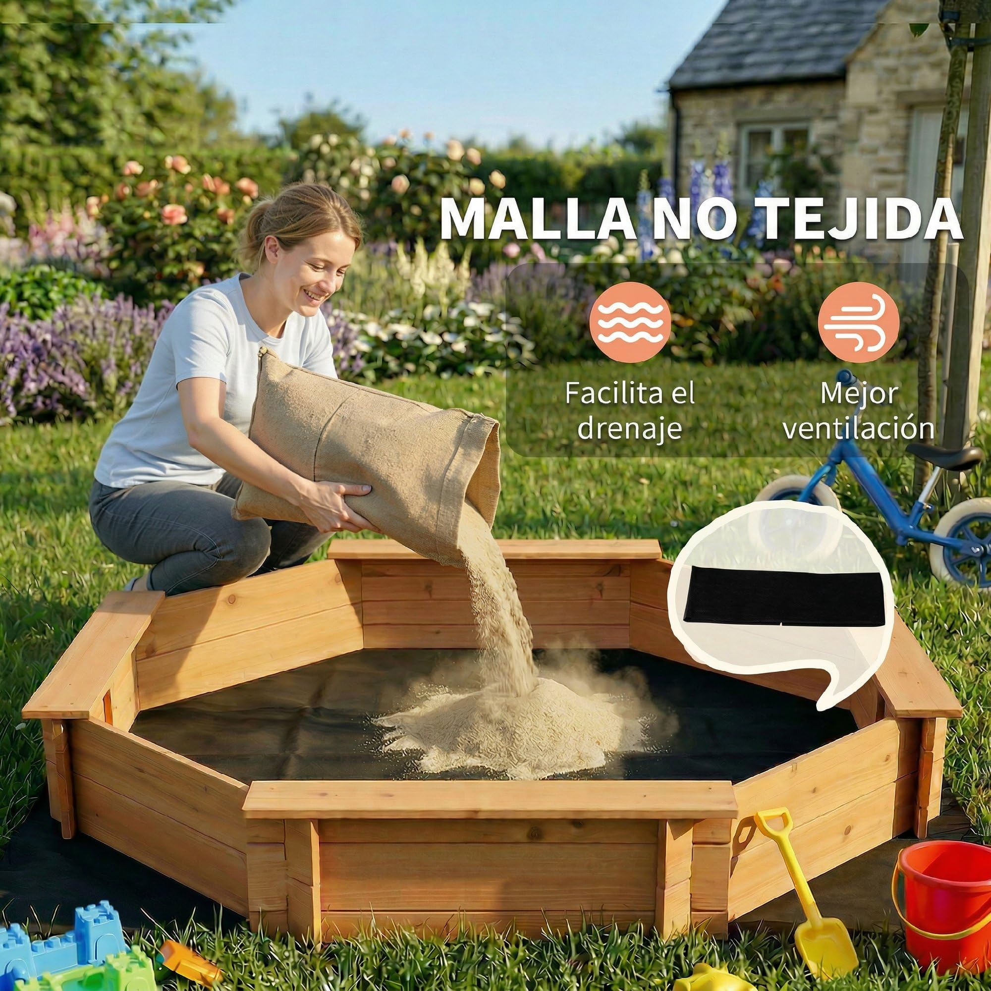 Outsunny Arenero Infantil Octágono de Madera con Cubierta de Poliéster 139,5x139,5x21,5 cm Rojo y Azul