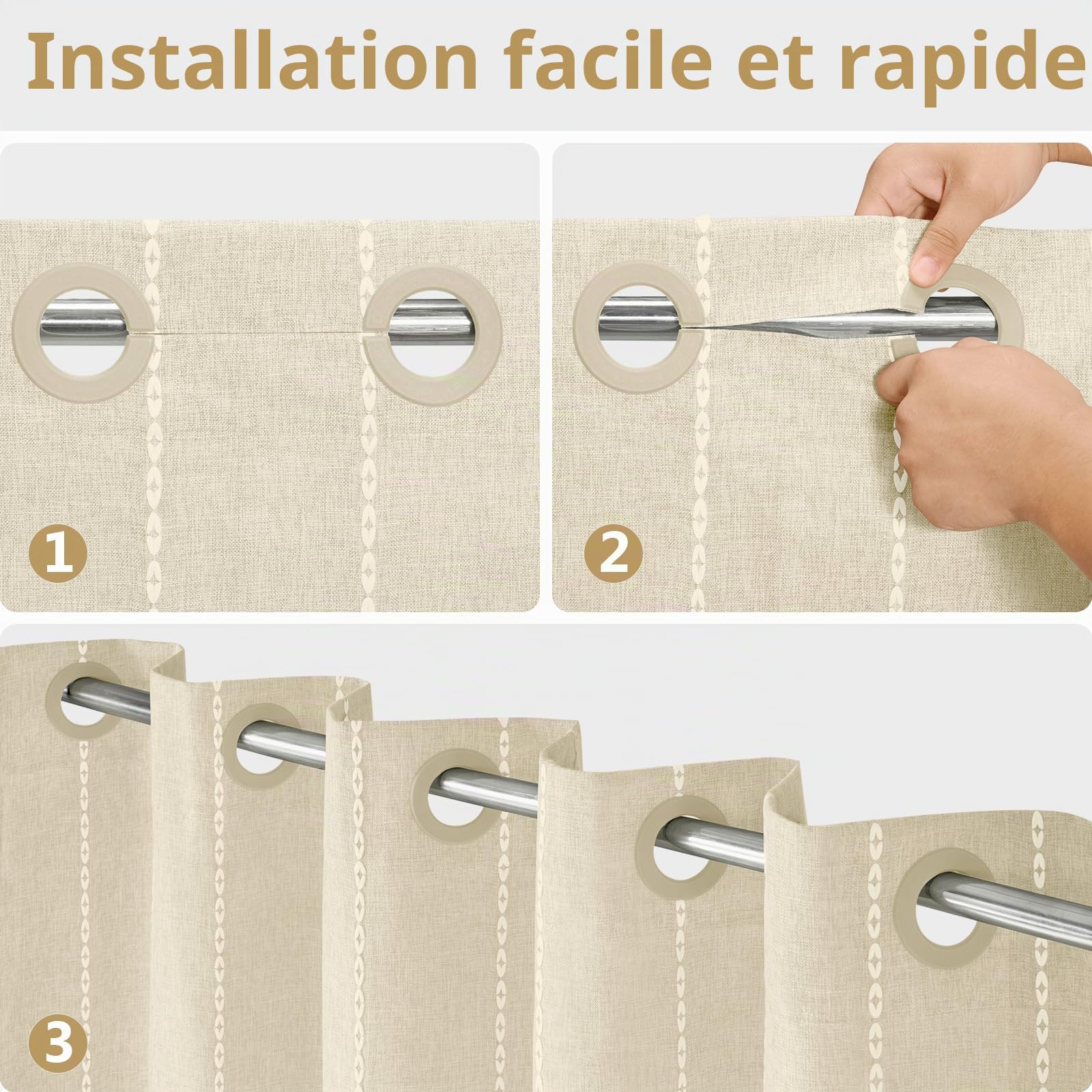 VANZAVANZU Rideau de douche bohème, sans crochets, beige, tissu polyester et lin à rayures avec revêtement imperméable pour salle de bain, style campagnard rustique shabby chic, rideau de douche