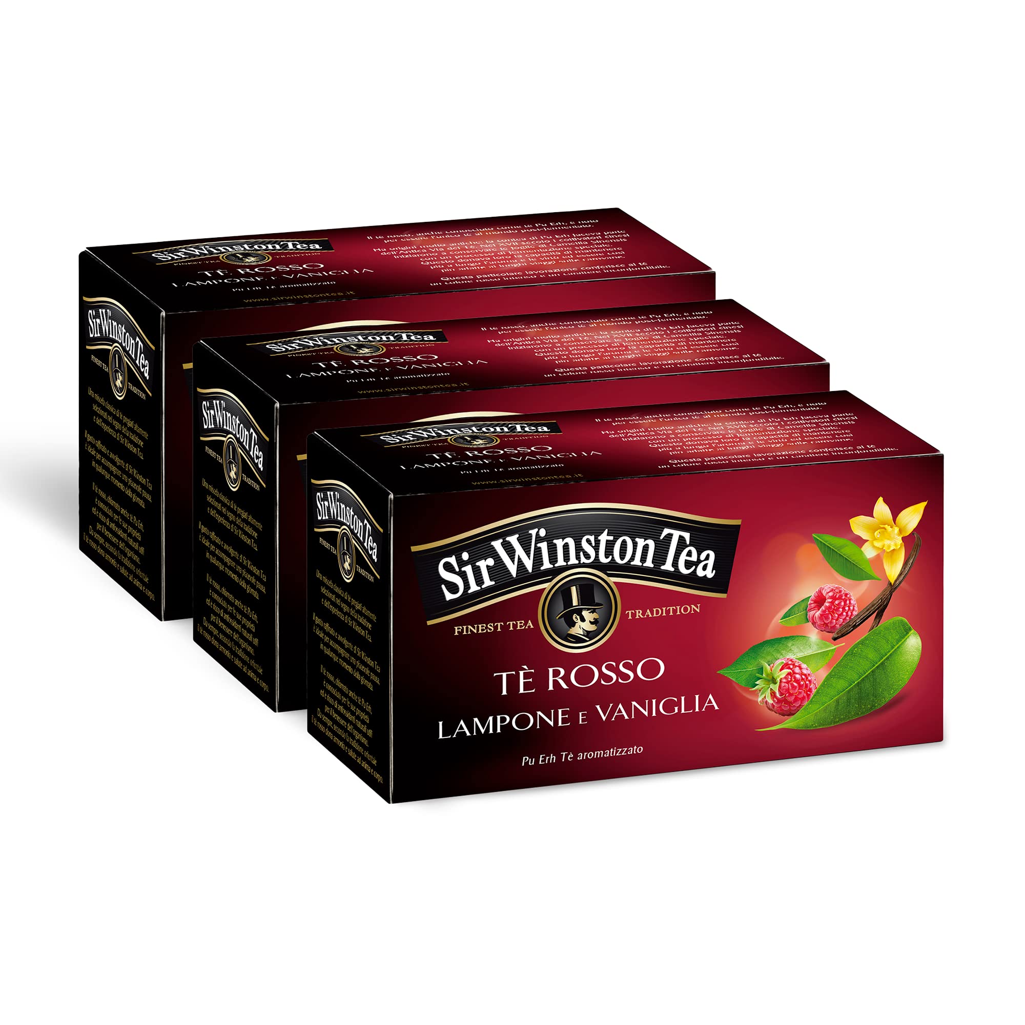 Sir Winston Tea, Tè Rosso Lampone e Vaniglia, 60 Filtri (3 Confezioni da 20 Filtri), Gusto Dolce e Fruttato, Senza Lattosio, Glutine e Allergeni, Vegan