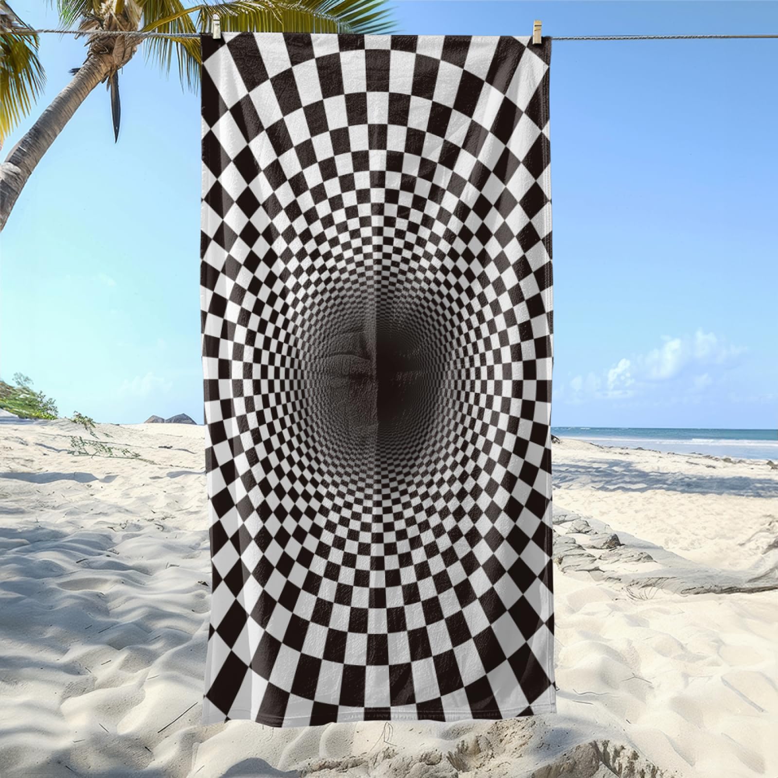 Serviette de PiscineMosaïque Noire Blanche Serviette Fouta Plage Stylée Personnalisée pour Adultes, Légère Séchage Rapide Anti-Sable, Adaptée Aux Voyages,Yoga et Vacances 100x180 cm