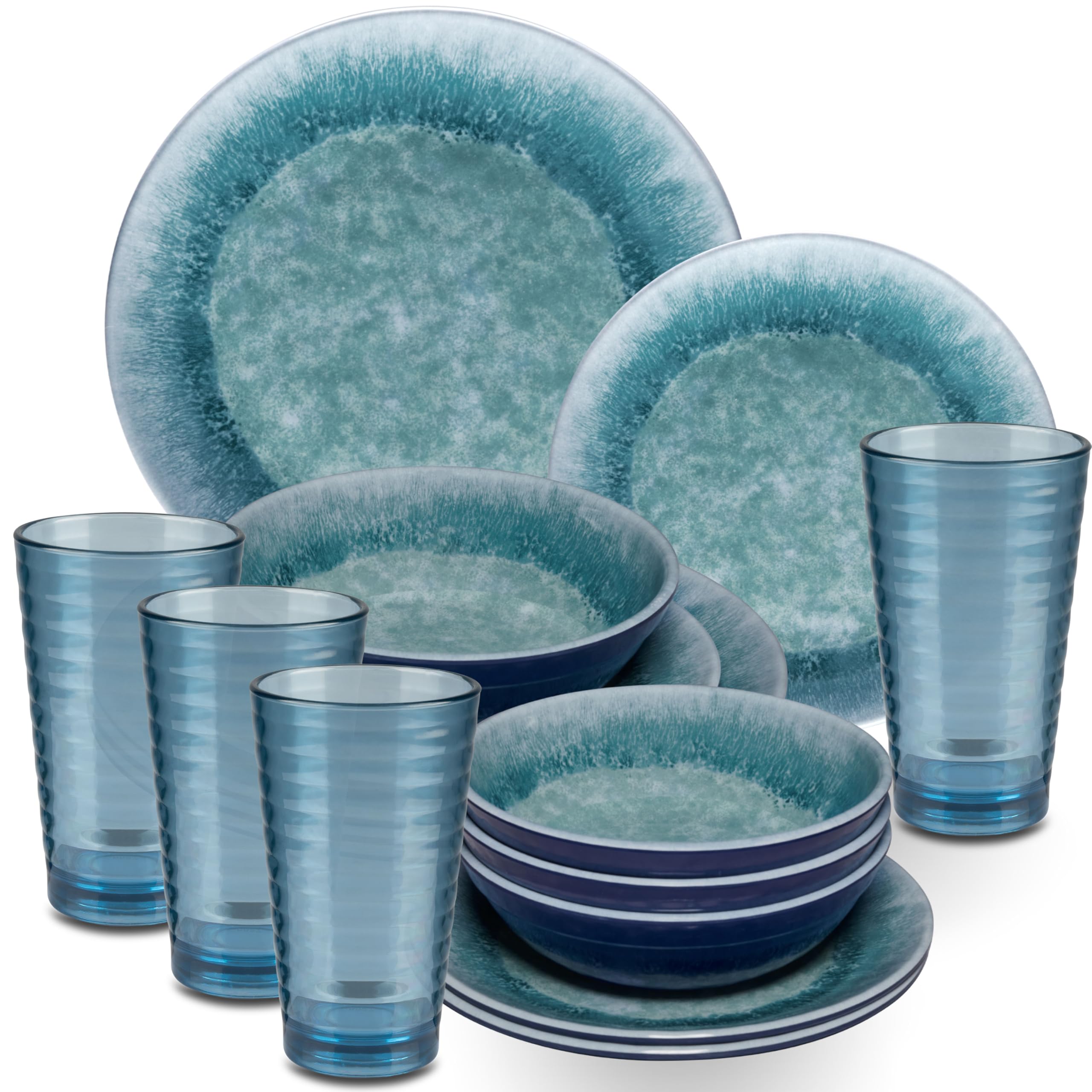 Service Table mélamine Adria Blue 4 Personnes 16 Bleu Verre Boire 400ml
