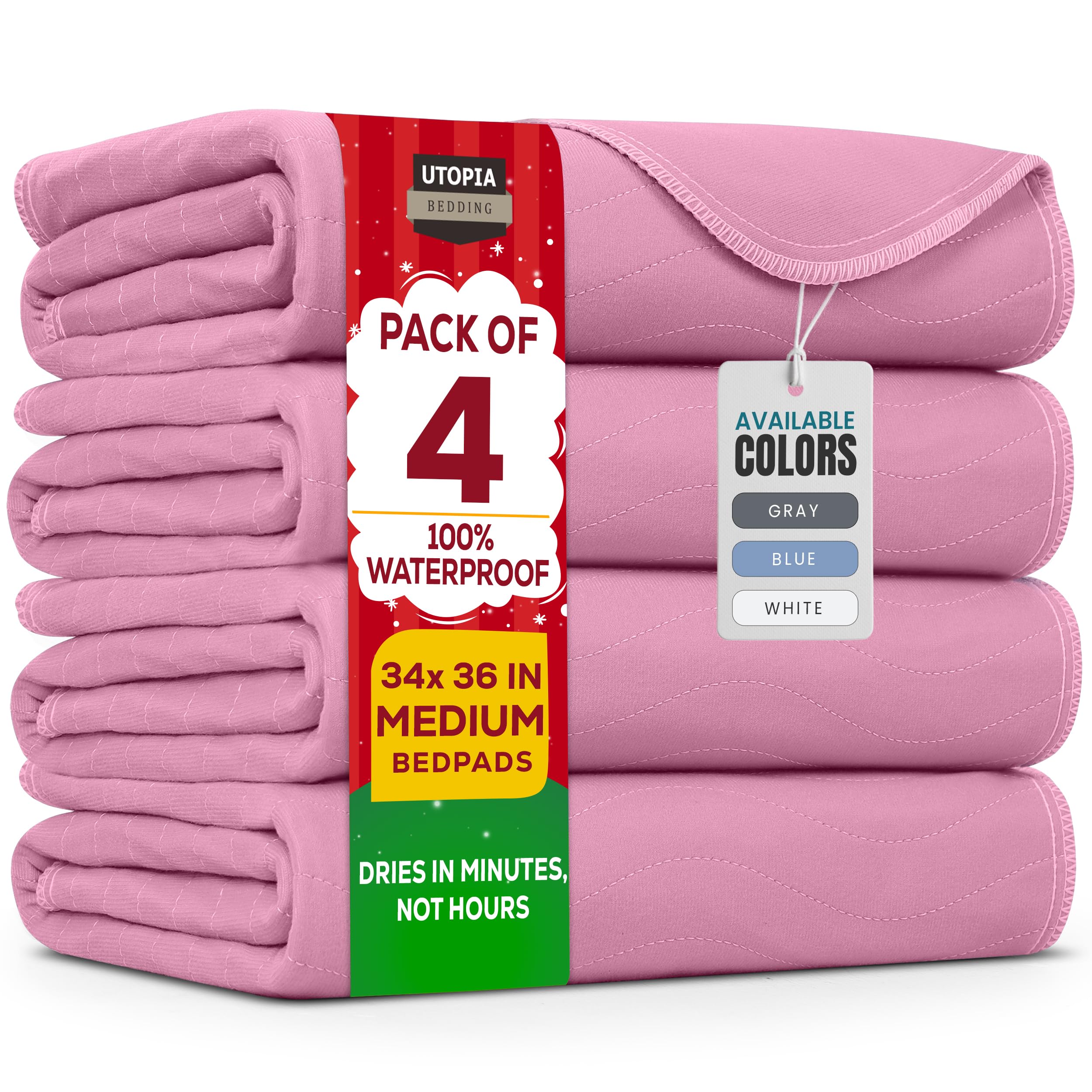 Utopia Bedding (Pack of 4) Waterproof Incontinence Pads Quilted Washable & Absorbent Bed Pad for Adults and Kids 34 x 36 inches (Pink)