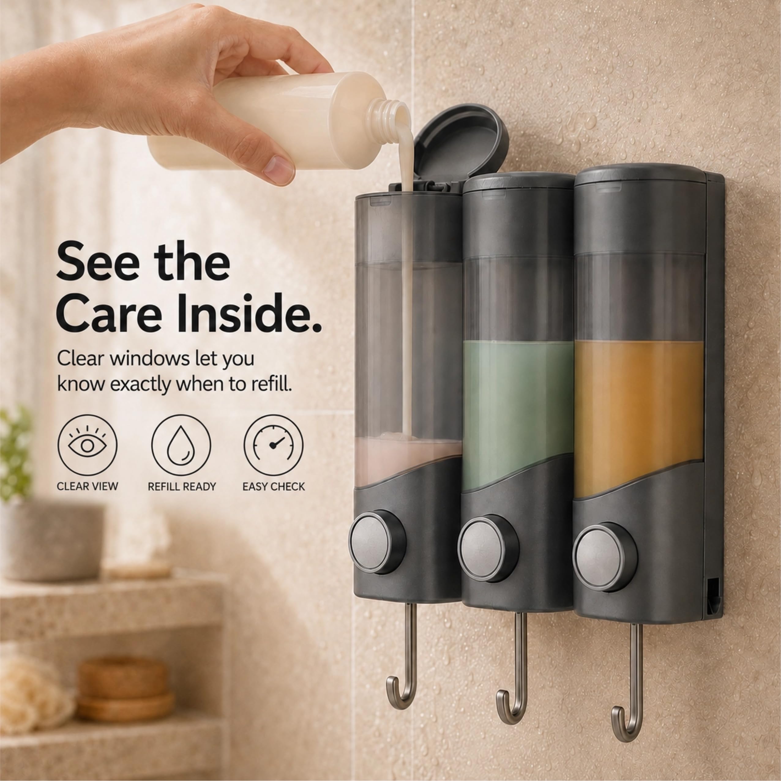 Dispenser di sapone da parete con gancio, dispenser trasparente per gel doccia e shampoo per bagno, dispenser di sapone liquido, senza fori e montaggio a vite (grigio, 3 camere (1050 ml)