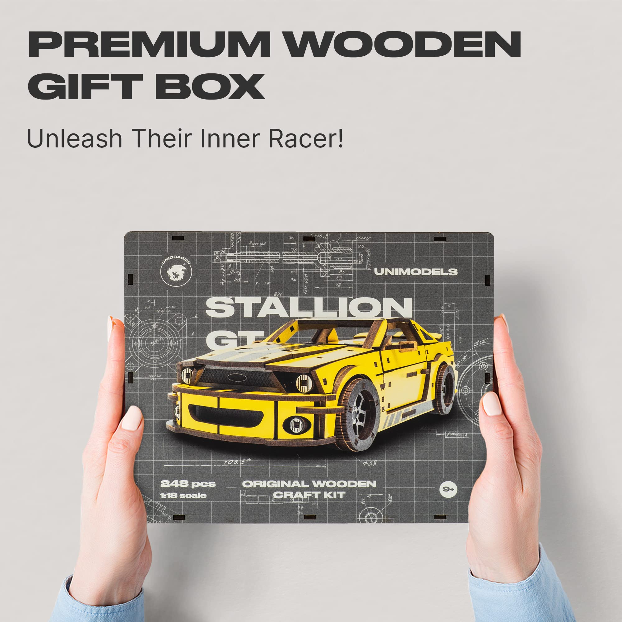 UNIDRAGON Original Wooden Jigsaw Puzzles for Adults Unimodels Stallion GT Yellow 248 Pieces, Assembled Car Model, Gift Box, Shaped Pieces