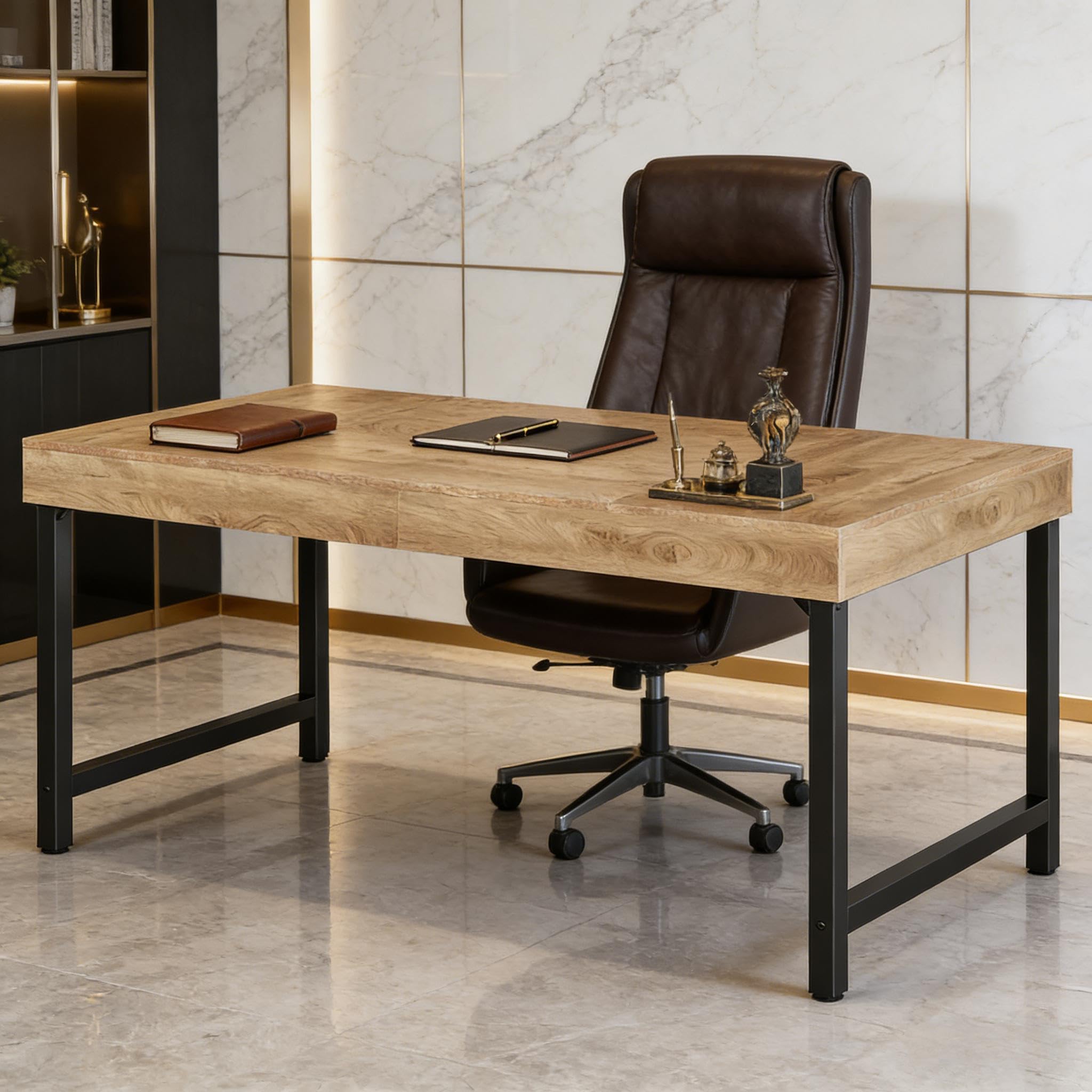 Biurko 140 x 70 cm, biurko komputerowe w stylu wiejskim z metalową ramą i płytą wiórową – stabilny stół roboczy do domowego biura i gabinetu, wszechstronny stół konferencyjny i stół jadalny