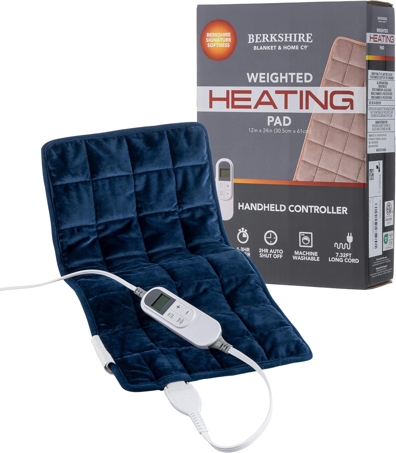 Berkshire Weighted Heating Pad for Pain Relief -12"x24" Electric Heat Wrap with 10 Heat Settings, Auto Shut Off -Targets Back, Neck, Shoulder, Leg, Abdomen Cramps -Machine Washable & Portable Dress Blues 12" x 24"