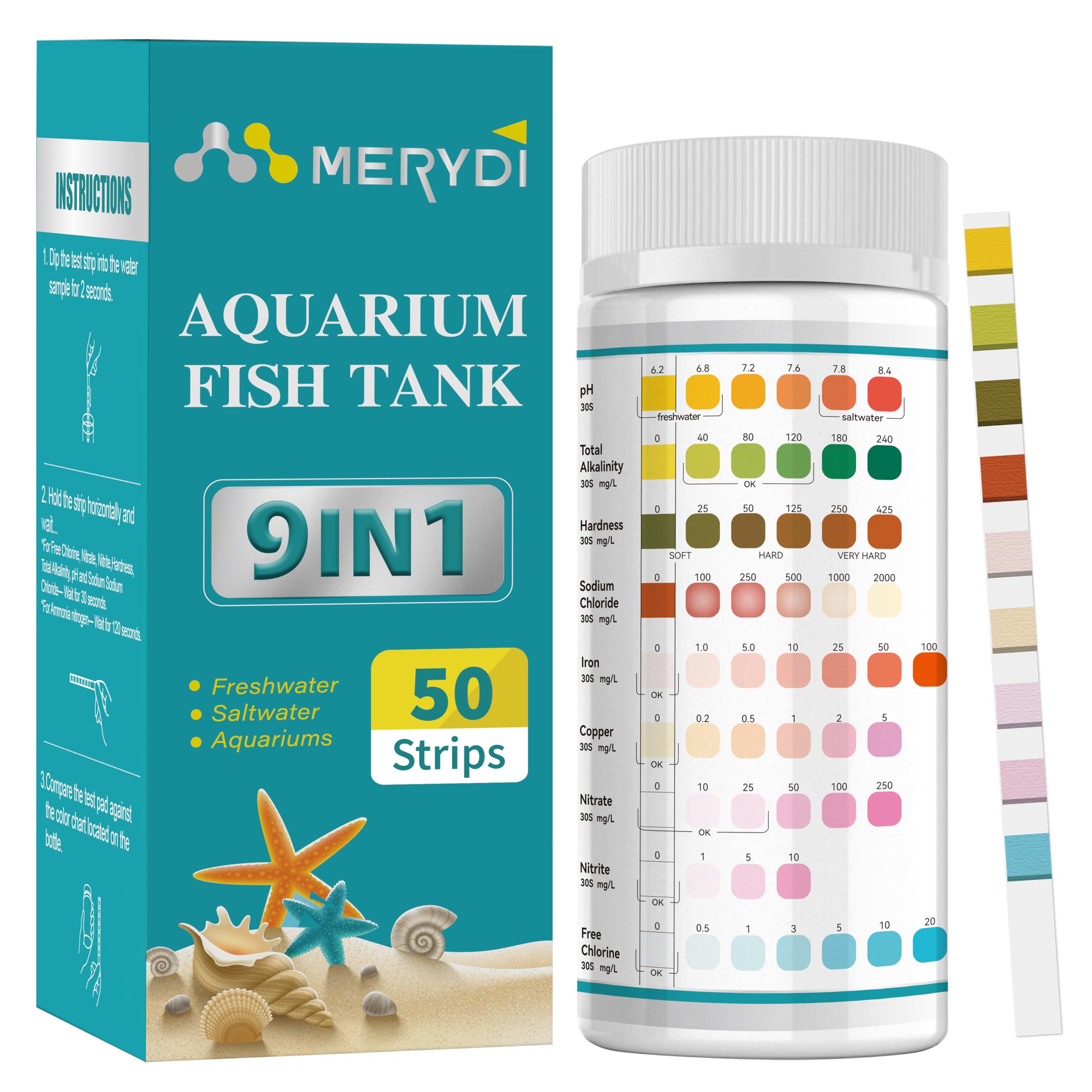 9-Way Aquarium Test Strips,50 Strips Aquarium Test Kit for Fish Tanks & Ponds, Quick & Accurate Water Testing Iron Copper Sodium Chlorine Nitrate Nitrite Total Alkalinity Hardness Free Chlorine pH