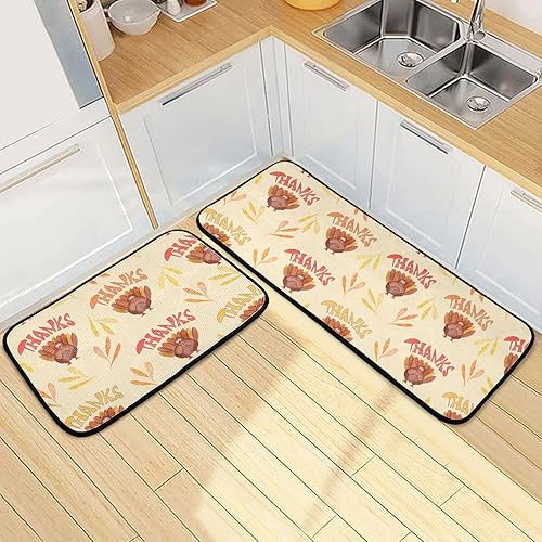 Miniatura 2 de Kitchen Mat 2PCSThanksgiving Turkey Kitchen Rugs and Mats Non Skid Washable Anti Fatigue Mats for Kitchen Floor Autumn Maple Leaves Kitchen Rug Set