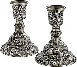 OwnMy Conjunto de 2 castiçais cônicos de metal vintage com 10 cm de altura. Conjunto de candelabro decorativo para mesa de jantar de casamento, bronze antigo