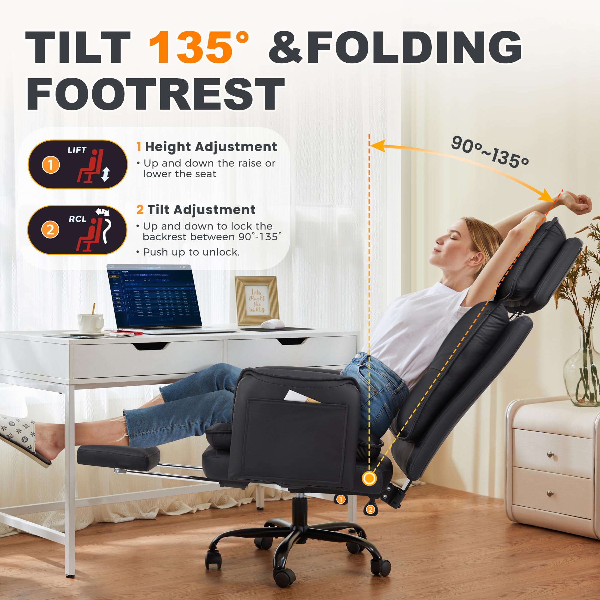 IWMH Silla de Oficina para Personas con Sobrepeso Ergonómica Silla Escritorio Silla Resistente para Ordenador Silla Giratoria con Cojín de Asiento Acolchado y Grueso Negro