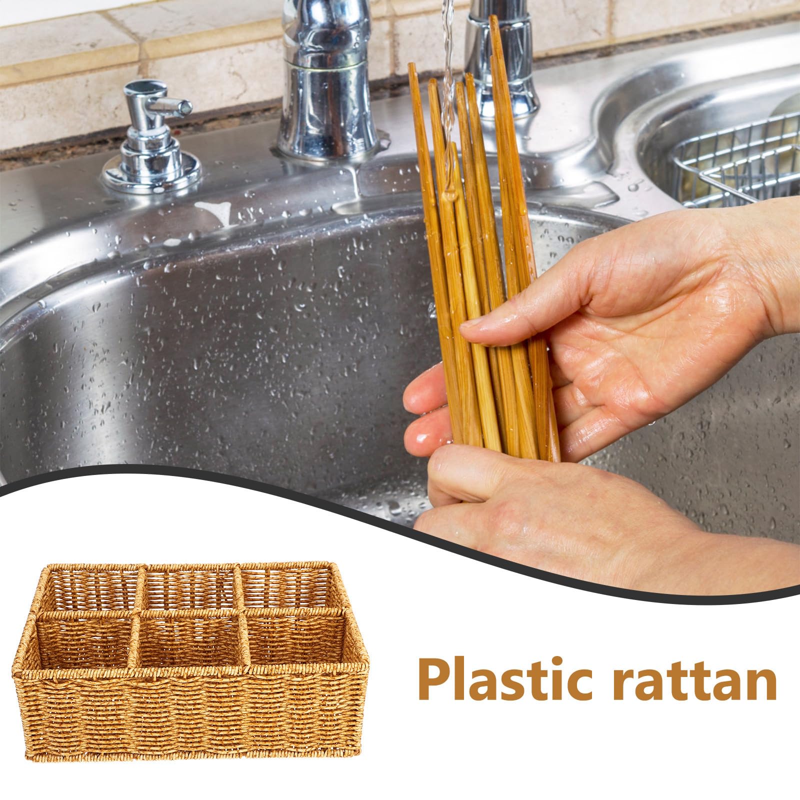 Organizador Cesta de Cubiertos Caqui de Ratán Plástico Color Multiusos Fácil de Limpiar para Cajones y Almacenamiento en Cocina