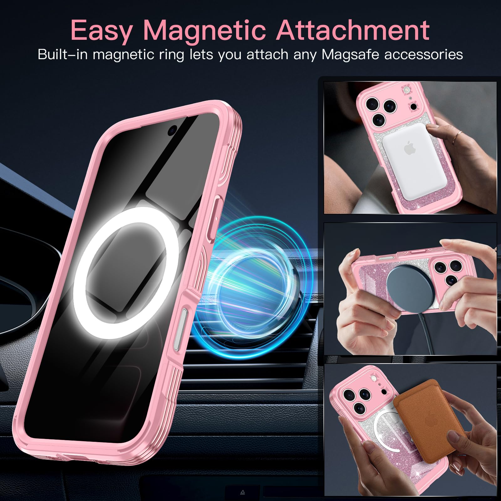 Casetego Custodia magnetica per iPhone 17 Pro, compatibile con MagSafe, protezione per lo schermo privacy integrata, sottile, glitterata, antiurto, custodia protettiva per iPhone 17 Pro, colore rosa