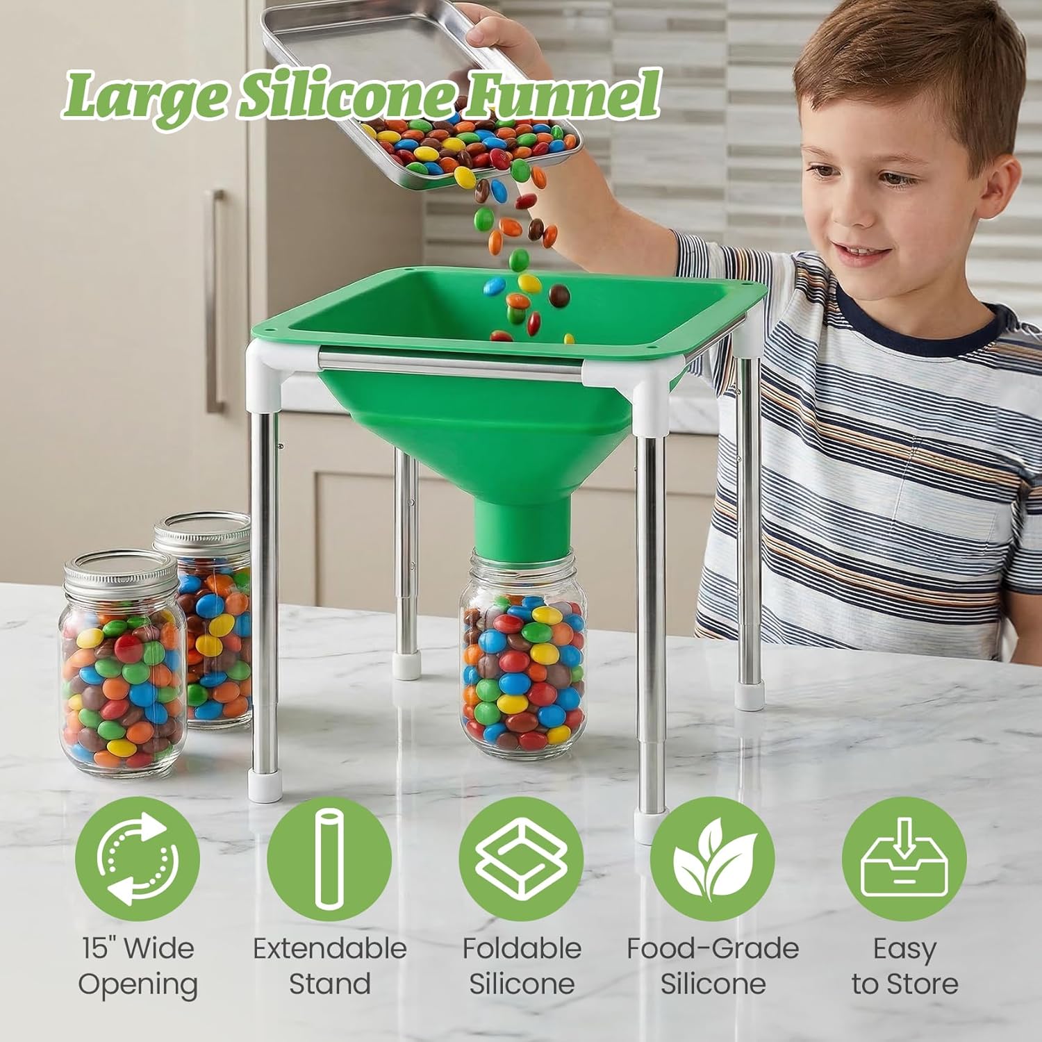 Extra Large Silicone Collapsible Funnel for Harvest Right Freeze Dryer Trays, 15" Wide Mouth Food Transfer Funnel with Height-Adjustable Stand – Fits All Tray Sizes (S/M/L/XL)