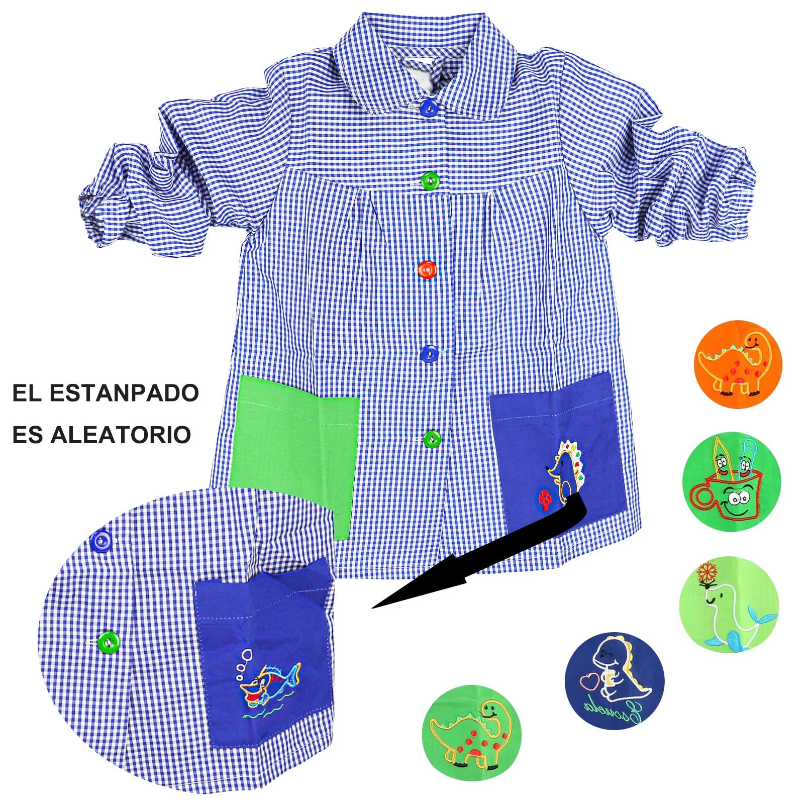 Babi Escolar Infantil de Cuadros | manga larga, botones de colores,para guardería, colegio, comedor y manualidades