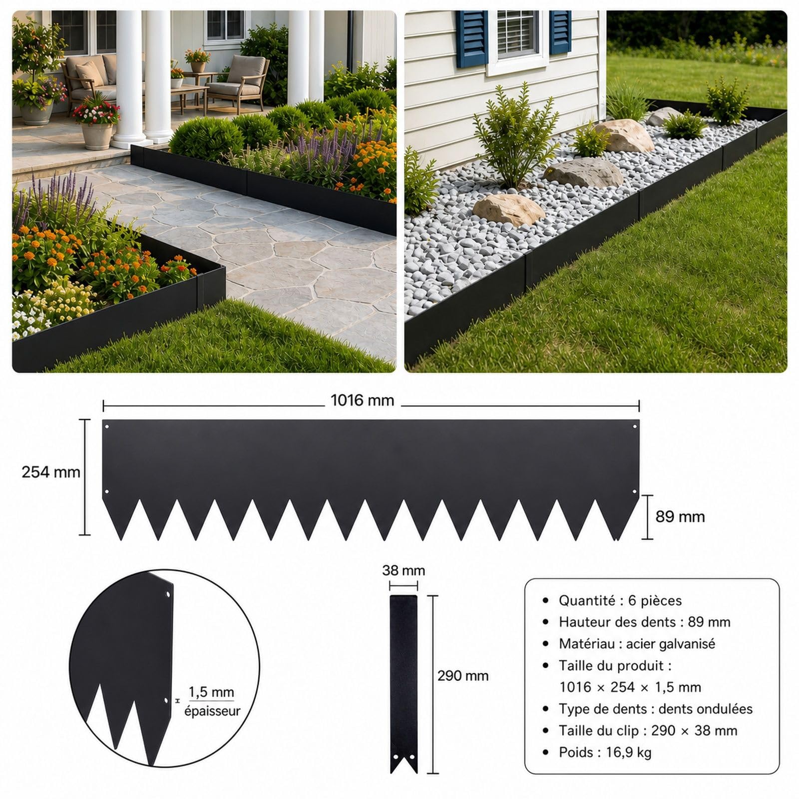 Bordure de Jardin en métal, Lot de 6, Acier galvanisé Noir, avec 8 Clips de Fixation, pour pelouse, massifs de Fleurs et allées