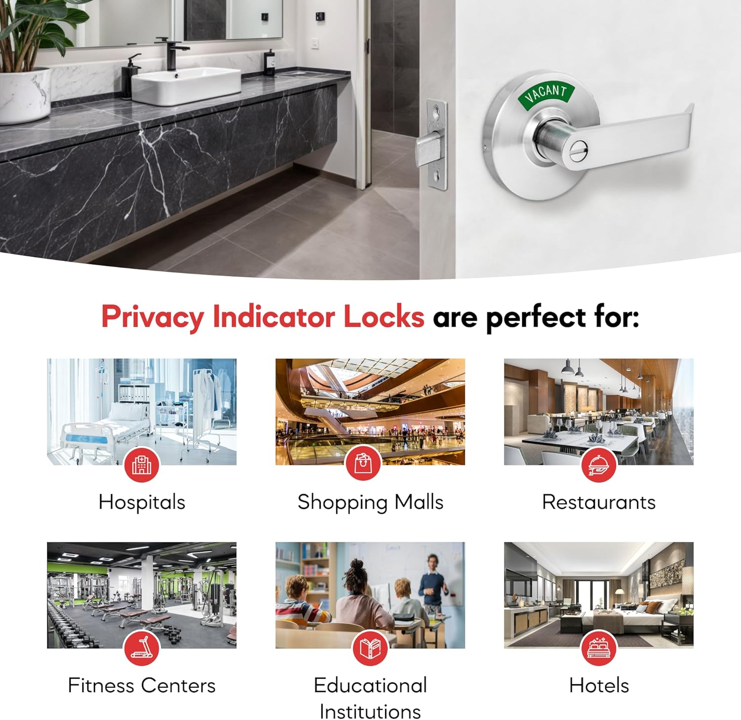 VIZILOK Commercial Door Lock for Bathroom Privacy, Heavy-Duty Indicator Lock in Satin Chrome, ANSi Grade2, Perfect for Restaurants, Medical Offices, Airbnb, Dorms, Gyms, Fitting Rooms