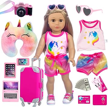 XFEYUE 23 Pcs American 18 inch Doll Clothes and Accessories - Suitcase Luggage , Pillow, Sunglasses, Camera, Passport, Mobile Phone , Computer Doll Travel Gear Play Set No Dolls