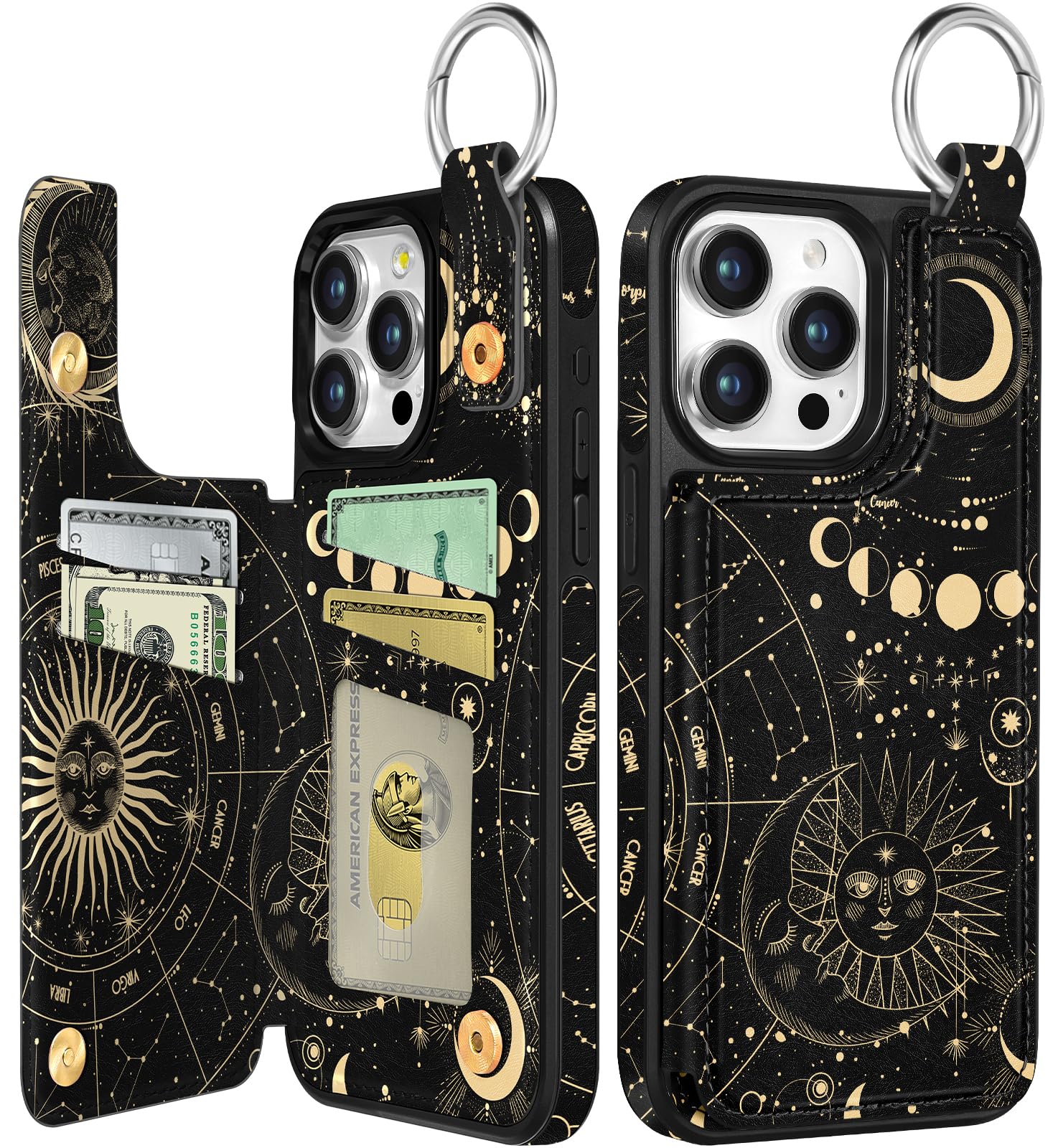 Shorogyt Compatible with iPhone 14 Pro Max Wallet Case with Card Holder - Designer Constellation Pattern Kickstand Magnetic Clasp Back Flip Folio