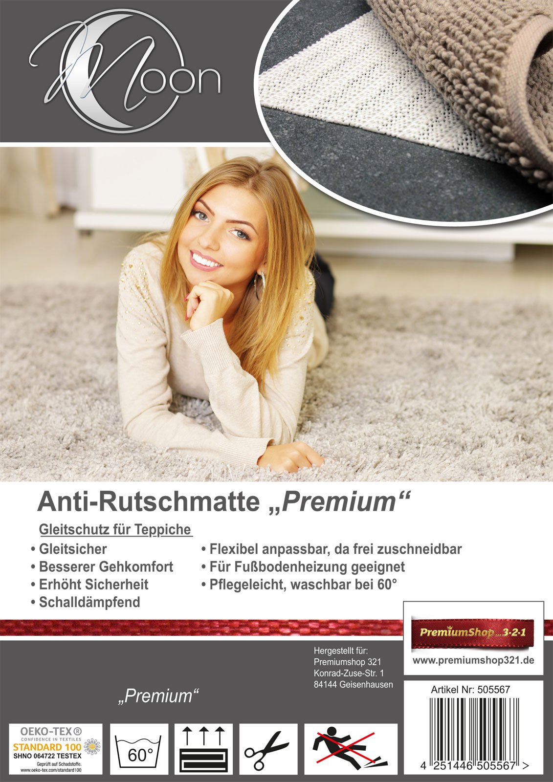 Moon Anti-Rutsch Matte Teppichunterlage Premium zuschneidbar, rutschfest und 60° waschbar (240x340)