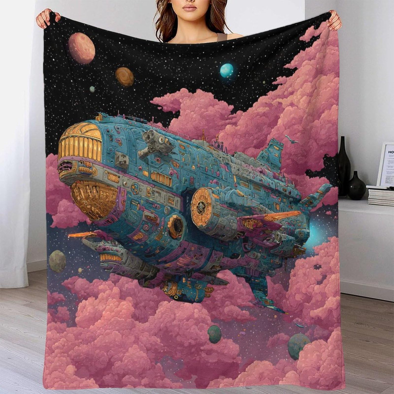 3D Gedruckte Weltraum Galaxie Nebel Sci-Fi Thema Flanell Kuscheldecke, Weltraum Erkundungsschiff Weiche Tagesdecke Für Sofa Bett, 70x80inch(180x200cm)