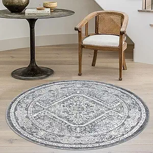 KUTA Oriental Round Rug 3ft, Grey Washable Boho Circle Indoor Area Rugs, Non-Slip Vintage Medallion Foyer Carpet for Entryway Farmhouse Kitchen Dining Room Table
