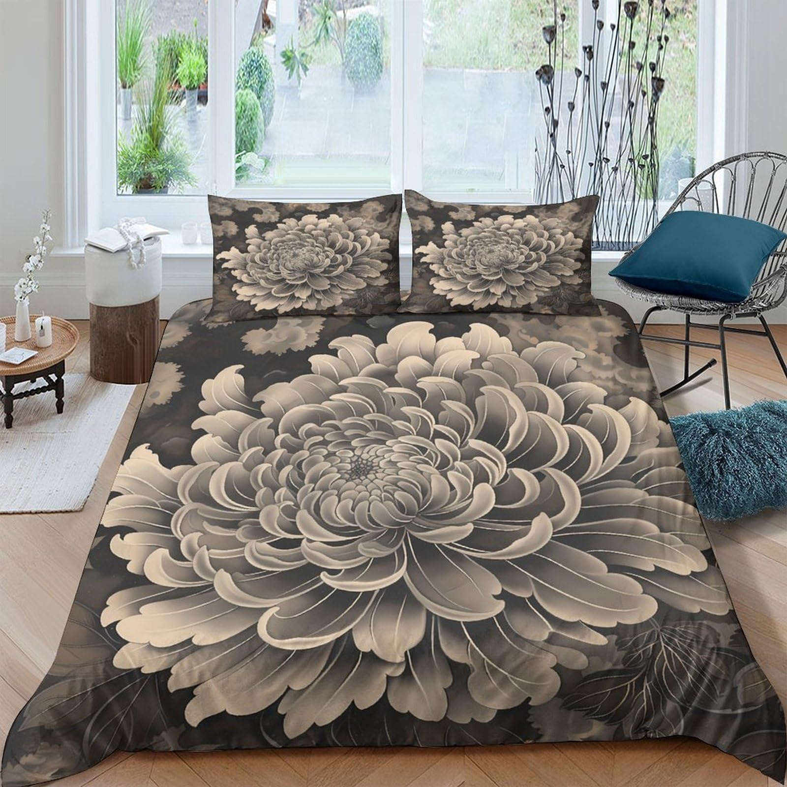 P5V6M1Q9 3D Printed Vintage Floral Duvet Cover Microfiber Soft Breathable Peony Bedding Set with 2 Pillowcases for Bedroom Decor Single（135x200cm）