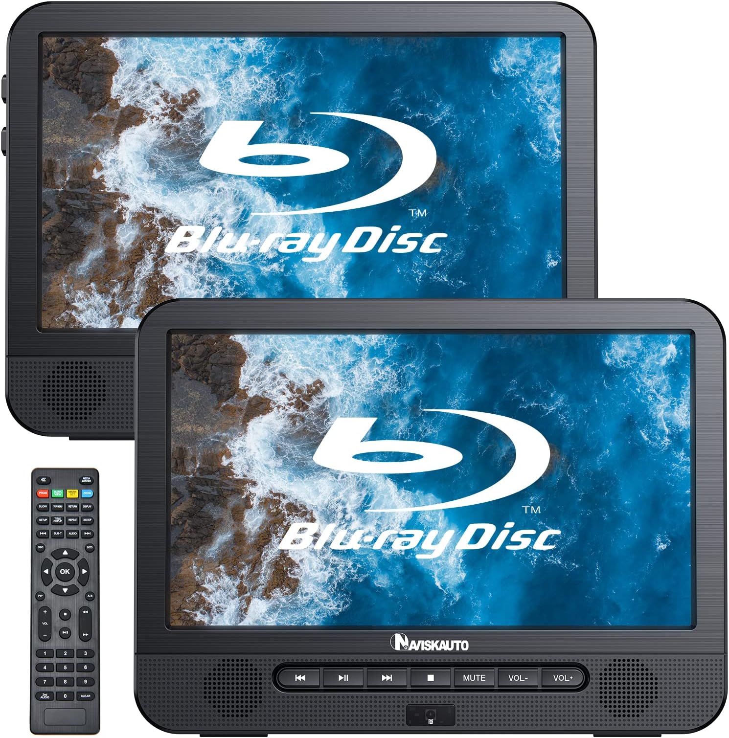 NAVISKAUTO 10.1'' Blu Ray Dual Car DVD Players with Rechargeable Battery Support 1080P Video, HDMI Out, Sync Screen, Dolby Audio, AV In & Out, USB SD (Host DVD Player + Slave Monitor)