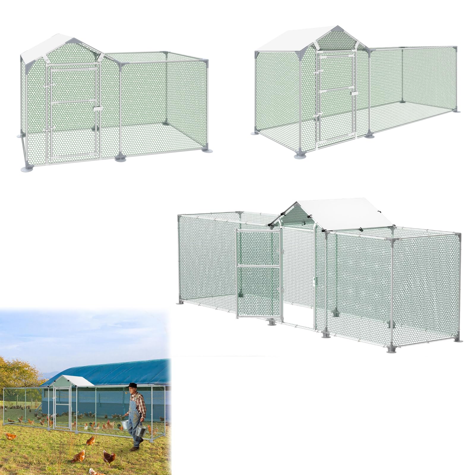 LILIIN Freilaufgehege Hühnerstall, Verzinkter Stahlrahmen Hühnerhaus, Außengehege für Haustierkäfig Vogelkäfig Kleintiere, mit Schloss und PVC-beschichtetes Schatten Dach, 400x100x150cm