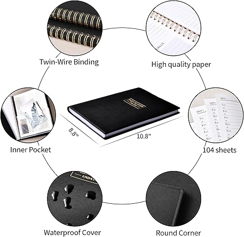 Miniatura 5 de Agenda diaria sin fecha, planificador diario de cuero por hora, 200 páginas, 10.8 x 8.8 pulgadas, diario con horarios por hora, bolsillo interior,