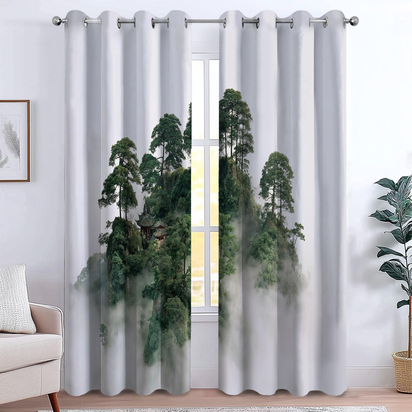 Generisch Vorhang Wolken Wald Verdunkelungsvorhänge 140 x 260 cm (2er Set) - Thermogardine Blickdicht mit Ösen, UV-Schutz Vorhänge für Schlafzimmer & Wohnzimmer Weiß Geheimnis Kiefern Natur