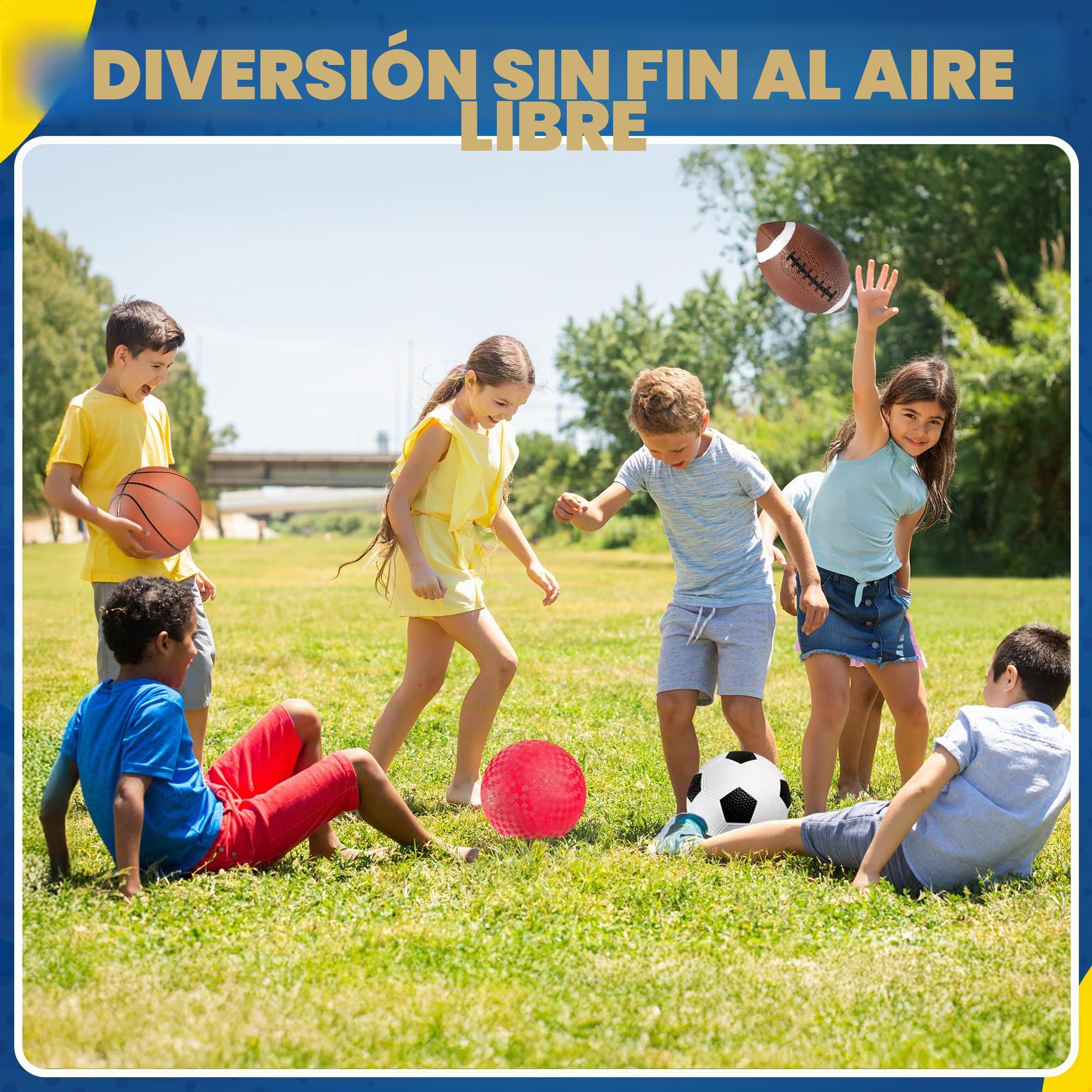 Bedwina Pelotas deportivas con bomba de mano para niños, (paquete de 4) Juego de pelotas deportivas de goma de 6 pulgadas de diámetro que incluye fútbol, pelota de fútbol, baloncesto y parque infantil