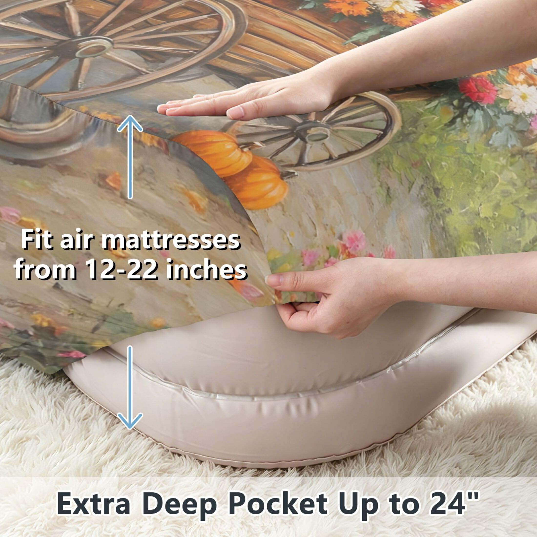 Sábana bajera ajustable de flores y calabazas para colchón de aire, bolsillo extra profundo de 24 pulgadas, funda suave y transpirable con apertura de válvula de cremallera para cama de aire