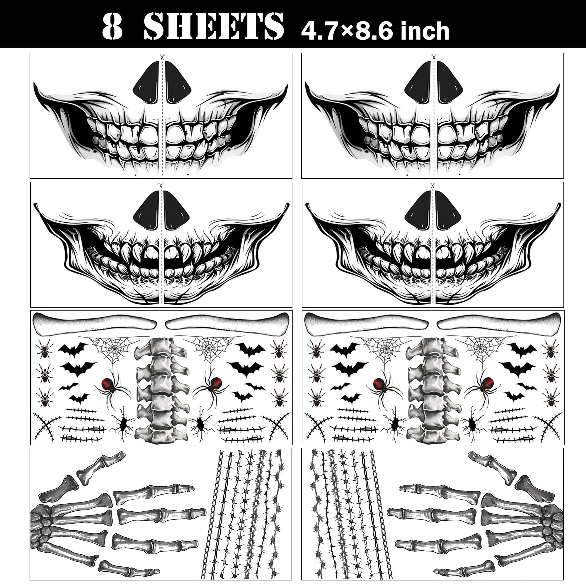 8Pcs Skeleton Face Tattoo Halloween Accessories?Halloween Tattoos Ghost Face Temporary Tattoo,Halloween Make Up Halloween Face Tattoos Stickers Zombie Makeup Kit (A-8 skeleton face tattoo)