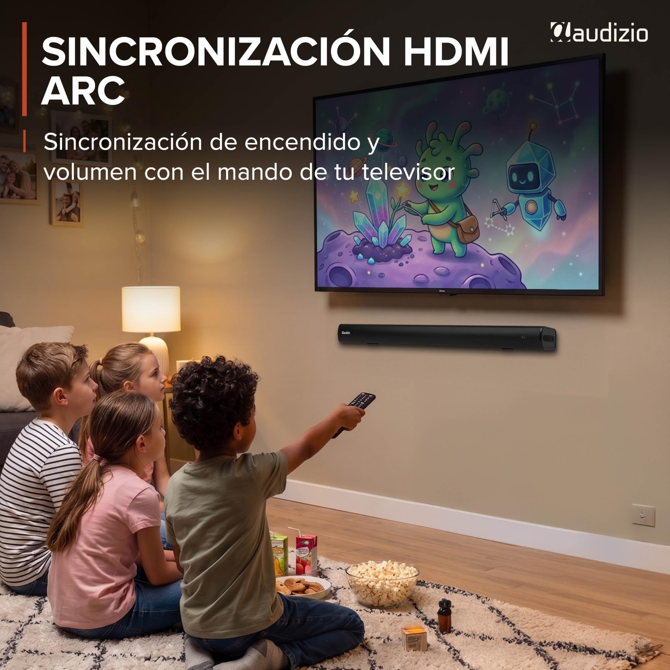 Audizio SB90 – Barra de Sonido para TV 90W con HDMI ARC, Bluetooth 5.3, USB y Entrada óptica, soundbar compacta de 90 cm con Control Remoto y Montaje Pared, Color Negro