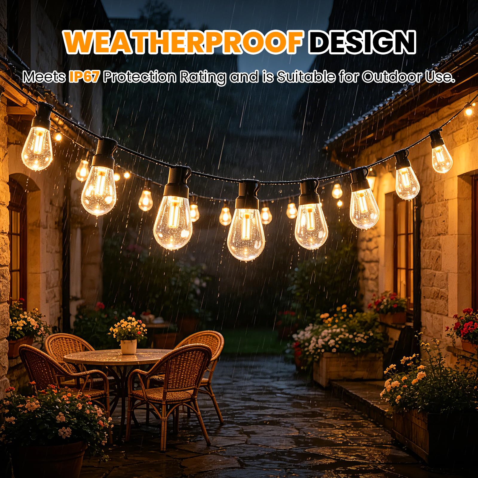 24V 7200mAH Lámpara solar LED de bombilla para exteriores [37 LEDs/45M, blanco cálido], luz de jardín impermeable IP67, 8 modos, bombilla de PC irrompible con gancho en S