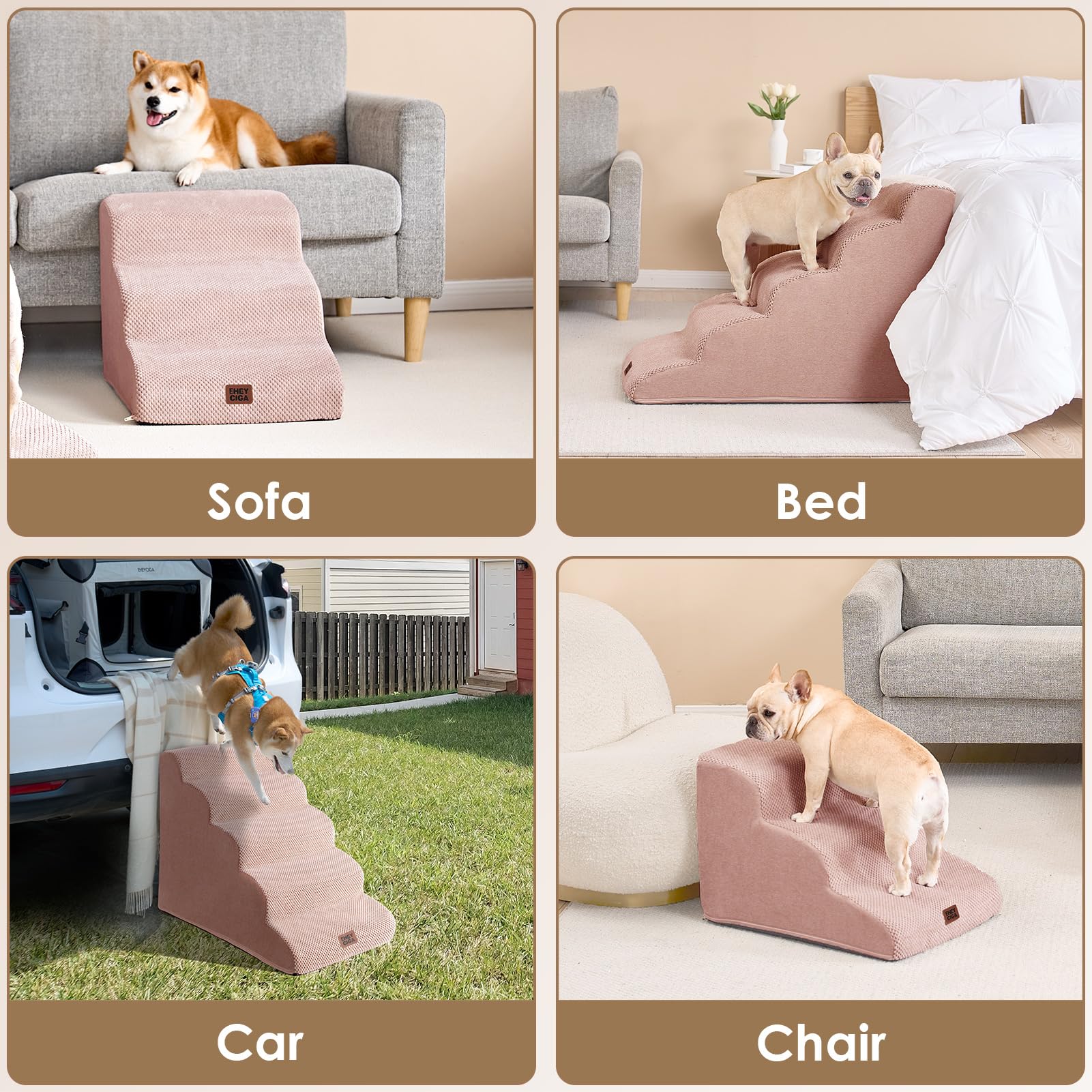 EHEYCIGA Scaletta per Cani 3 Gradini Altezza 40 cm, Scala Cane Piccoli e Gatti in Spugna per Salire su Letto e Divano, Antiscivolo Rampa per Cani con Rivestimento Rimovibile e Lavabile, Grigo Rosa
