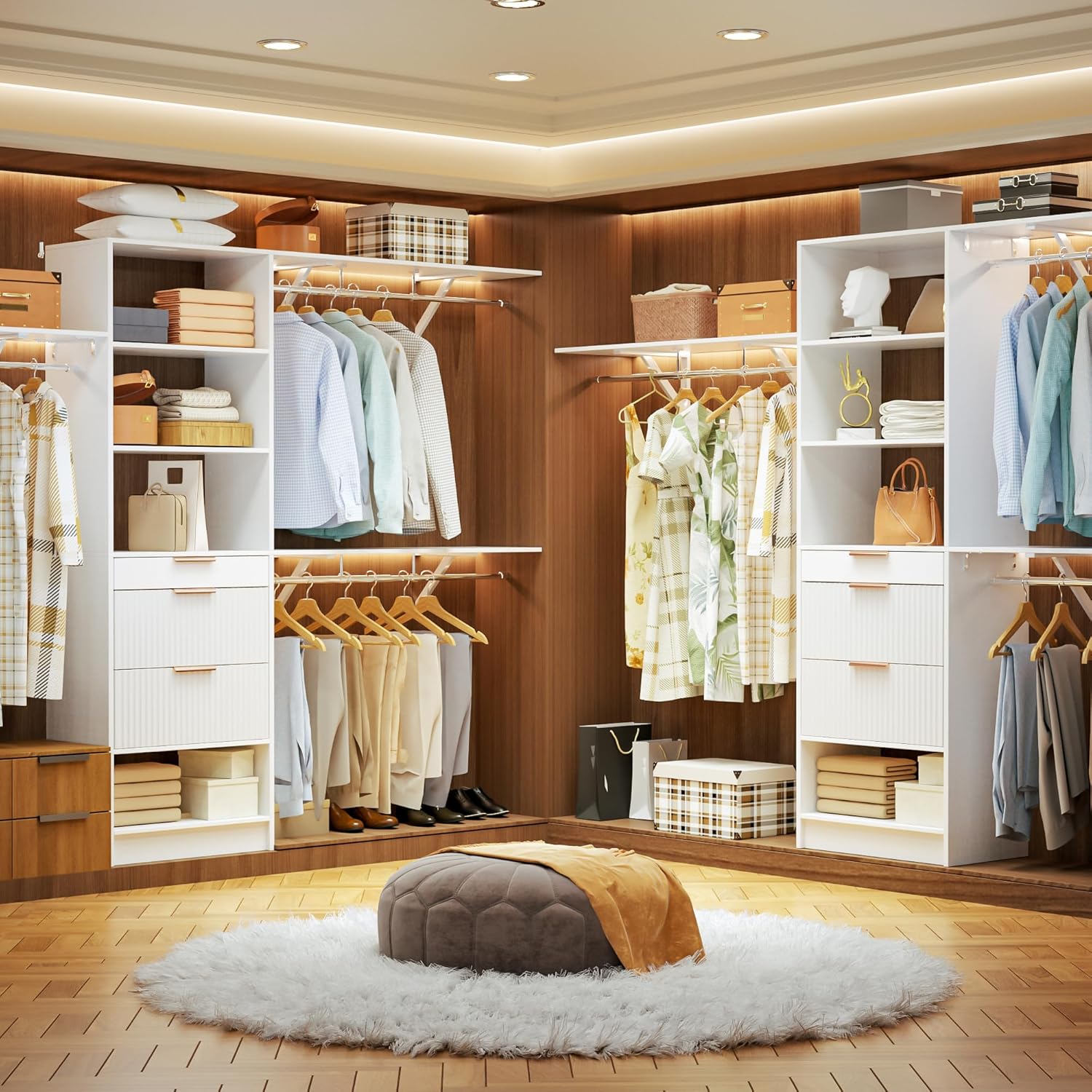 Closet System, 8FT Closet Organizer with 3 Wooden Drawers, Walk-in Closet Wardrobe Clothes Rack with 3 Expandable Hanging Rods, Garment Rack, White