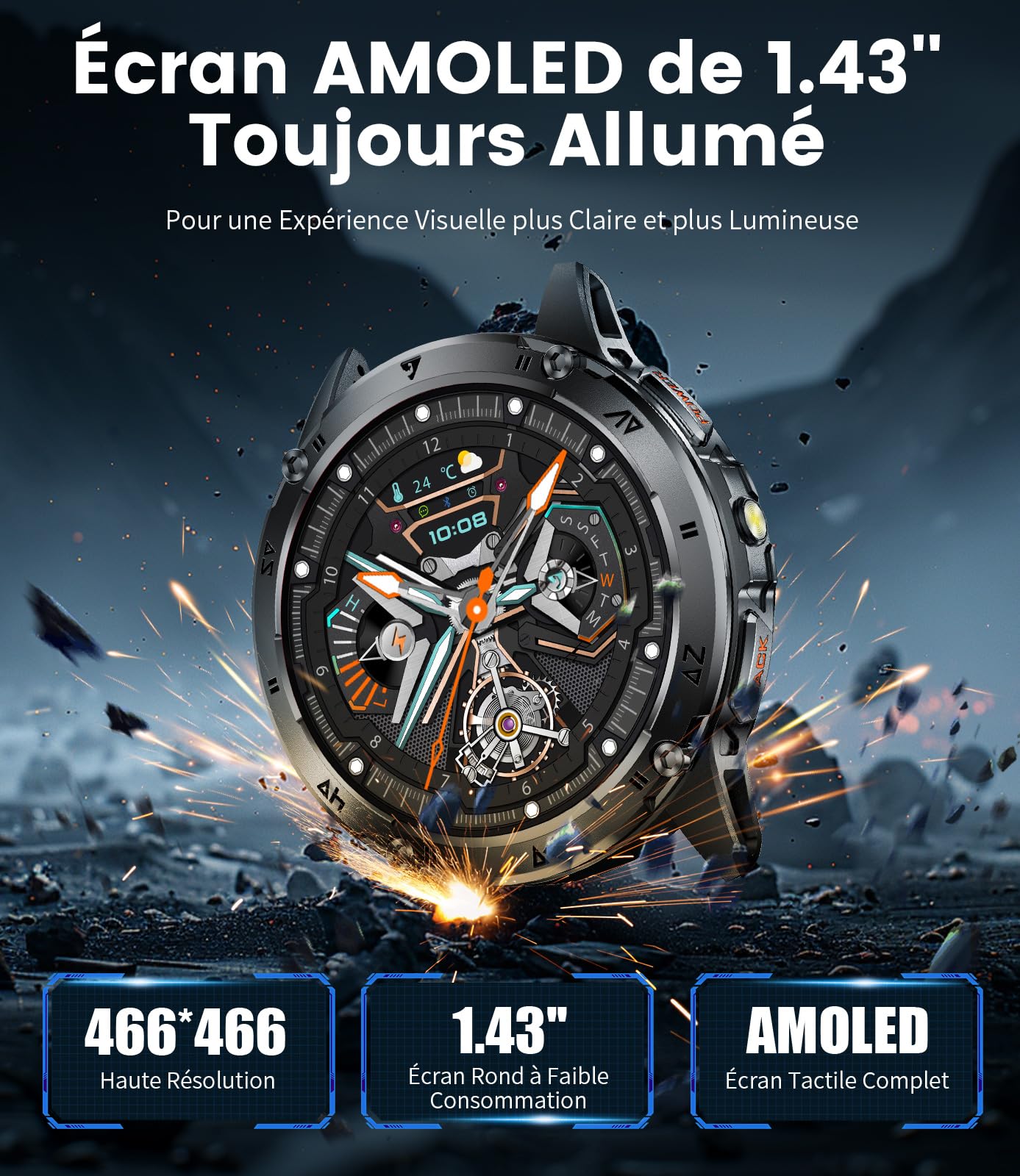 FITFLEX Montre Connectée Homme avec Appel Bluetooth, 1.43'' AMOLED Smartwatch avec Lampe Torche, 530mAh, Moniteur de Sommeil, IP68 Étanche, 120+ Sportifs Montre Intelligente pour Android iOS