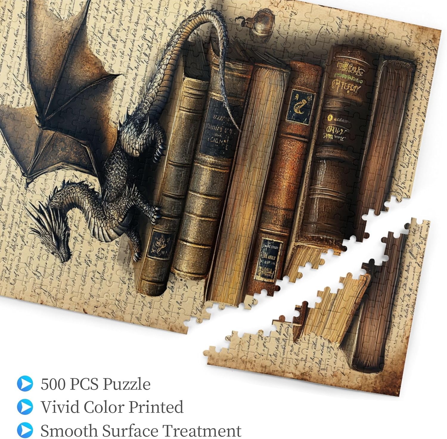Books & Dragons Wooden Jigsaw Puzzle, Puzzles for Adults 500 Pieces, The Dragon That Guards Books, 500 Piece Jigsaw Puzzle for Adults Challenging Puzzle Perfect for Game Night