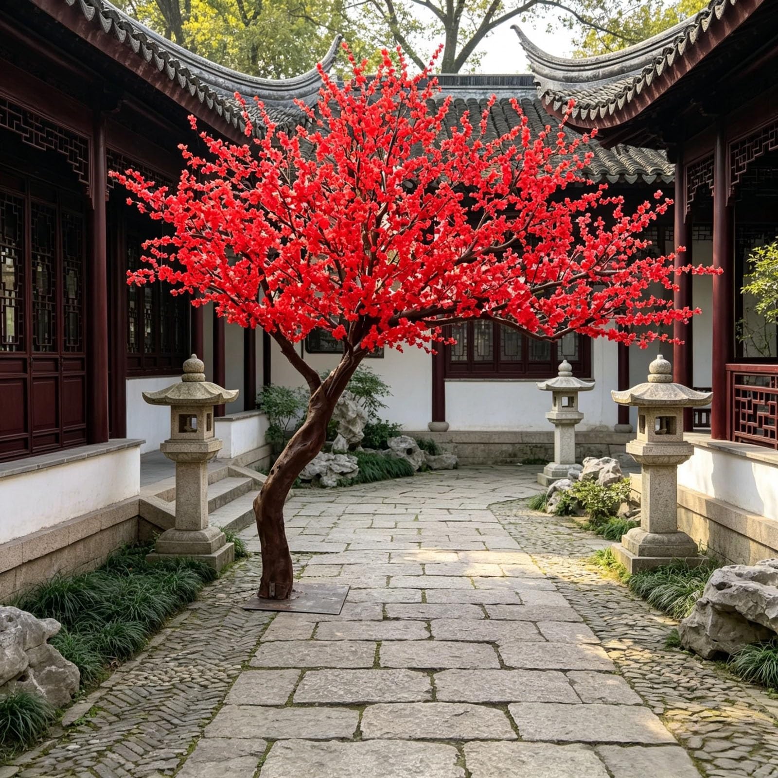 KIBONCY Simulated Red Plum Tree, Indoor Prop Decoration Tree, Spring Festival Red Envelope Figurine(5M)