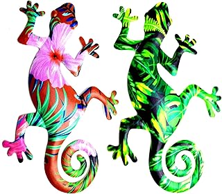 TYFG Metal Gecko Wall Decor,Garden Ornaments Wall Art Outdoor Garden Decorations Fence Sculpture Set of 2 Hanging for Outdoor Backyard Porch Home Patio