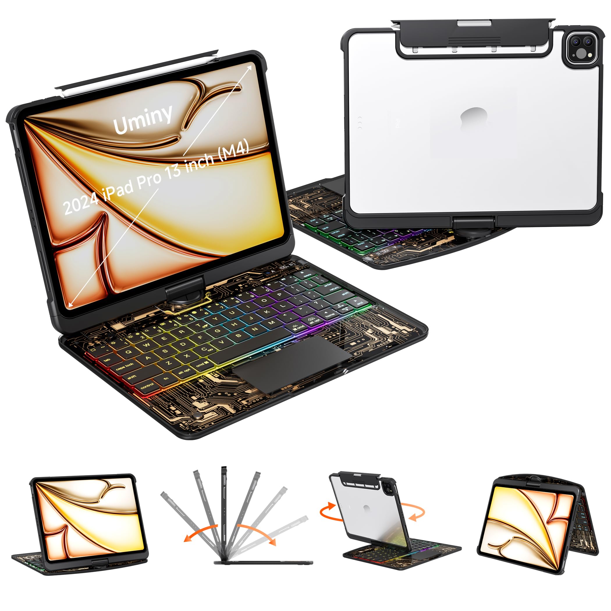 Uminy iPad Keyboard Case for iPad Pro 13-inch(M4, 2024) – 360° Rotating Stand with 7-Color Backlight Keyboard, Transparent Protective Cover, Multi-Touch Trackpad & Pencil Holder (Black)