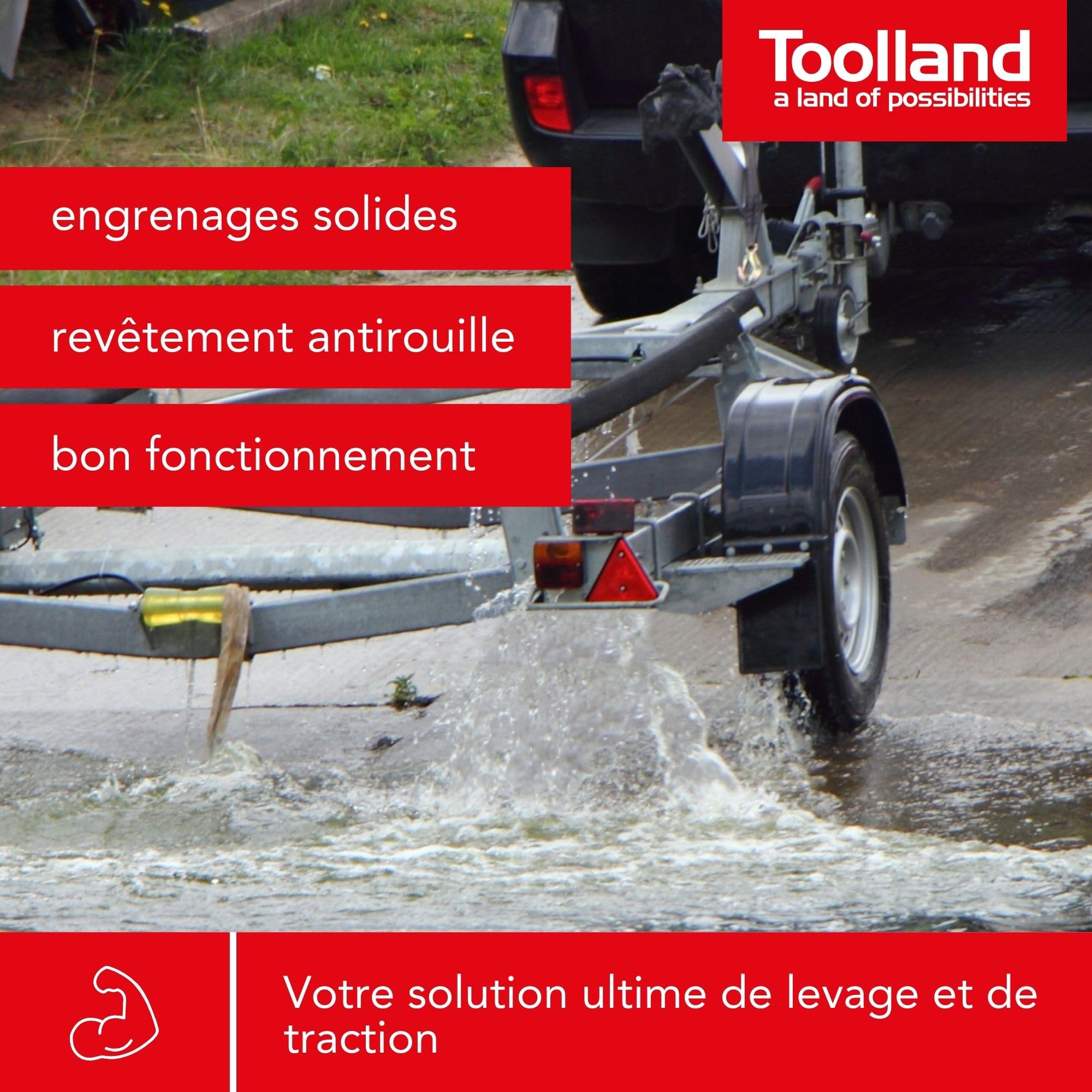 Toolland Treuil manuel 250 kg en acier inoxydable avec cliquet et câble, rapport 3.1:1, treuil de remorque noir avec poignée ergonomique, idéal pour bateau, remorque et levage