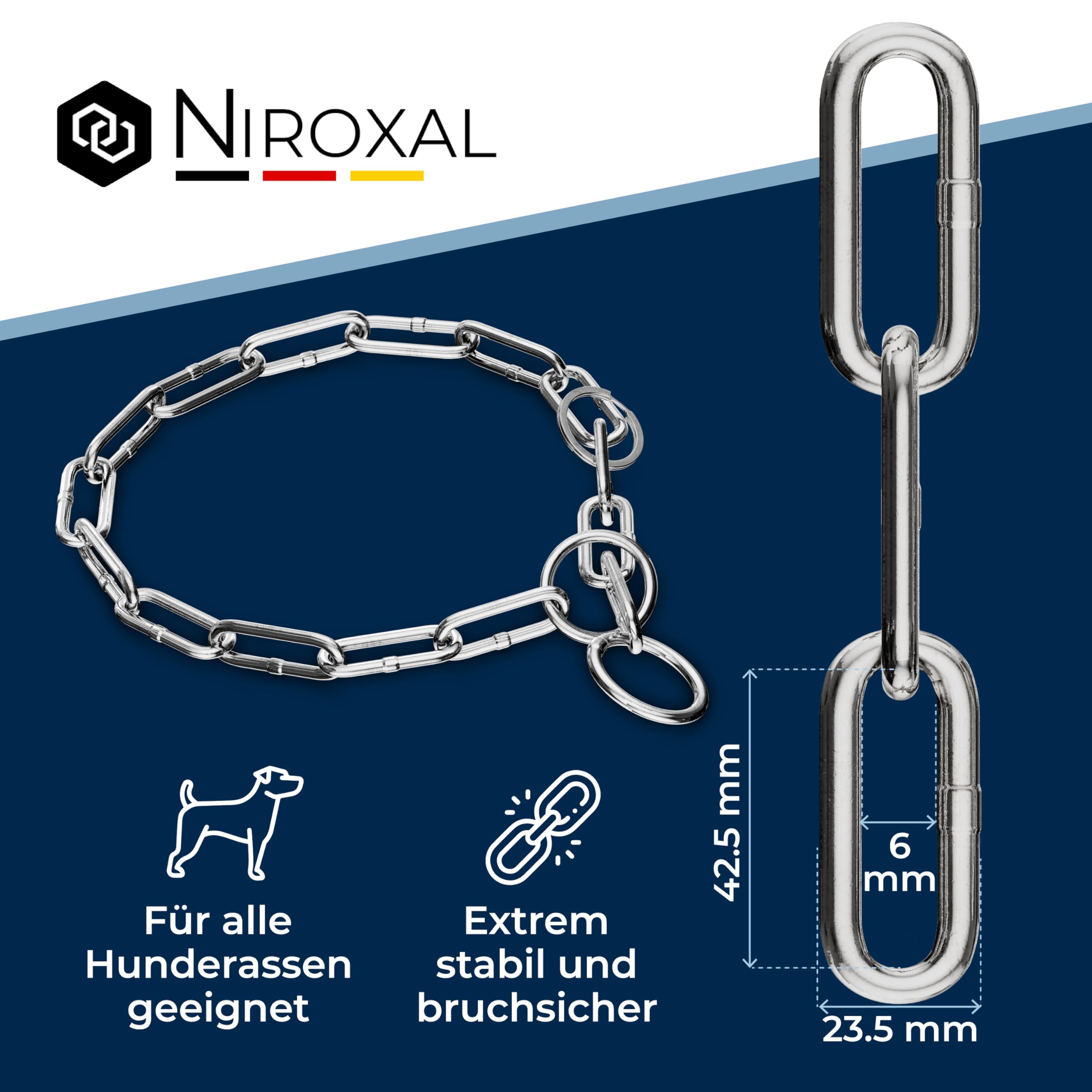 Kettenwürger für Hunde mit Kopfumfang 54-58 cm aus Edelstahl V4A Hundekette mit Zugstop Kettenhalsband langgliedrig 6mm dick und 72 cm Gesamtlänge
