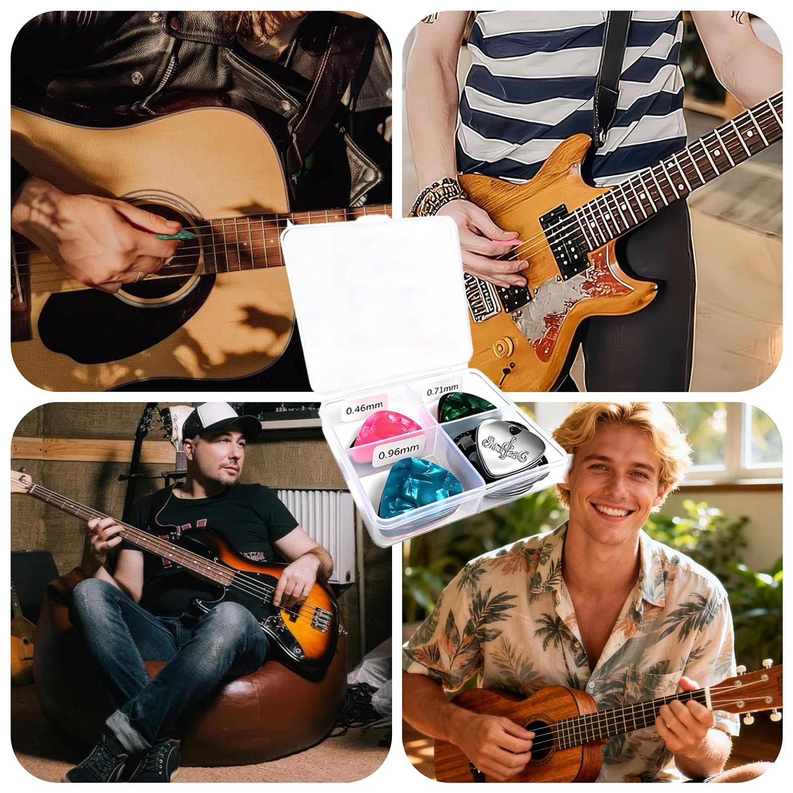 Paquete de 21 púas de guitarra con caja organizadora y collar de púa de aleación de zinc, 0.46 0.71 0.96 mm, púas de celuloide para guitarras acústicas eléctricas, bajo, ukelelele, regalo de guitarra