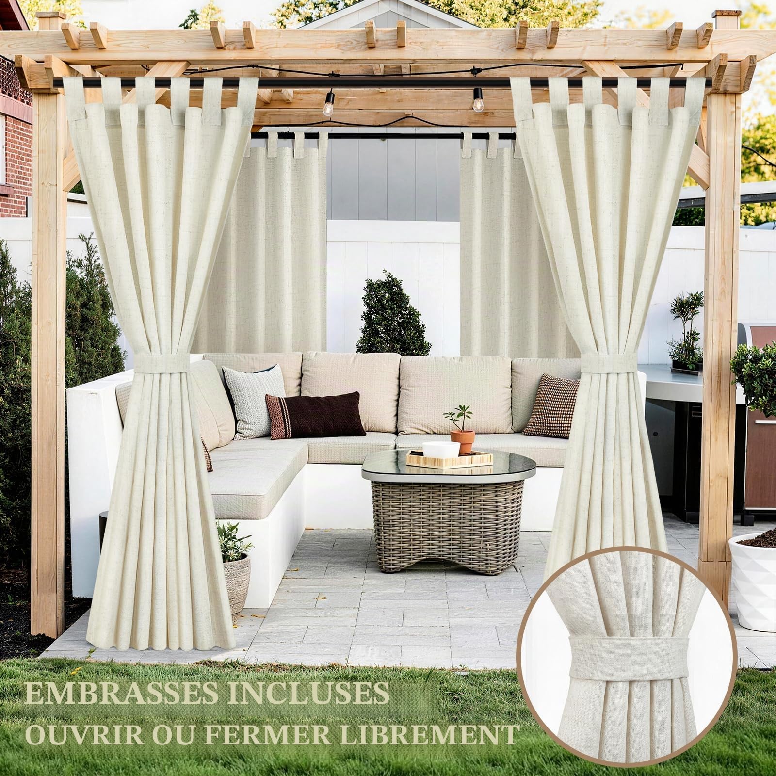 Rideau Exterieur en Lin, Lot de 2 Rideaux D'extérieur Impermeable, Rideau Pergola Extérieur avec Oeillets en Haut, Rideau Occultant Exterieur Pour Terrasse Balcon Tonnelle Porte(132 x 215cm, Beige)