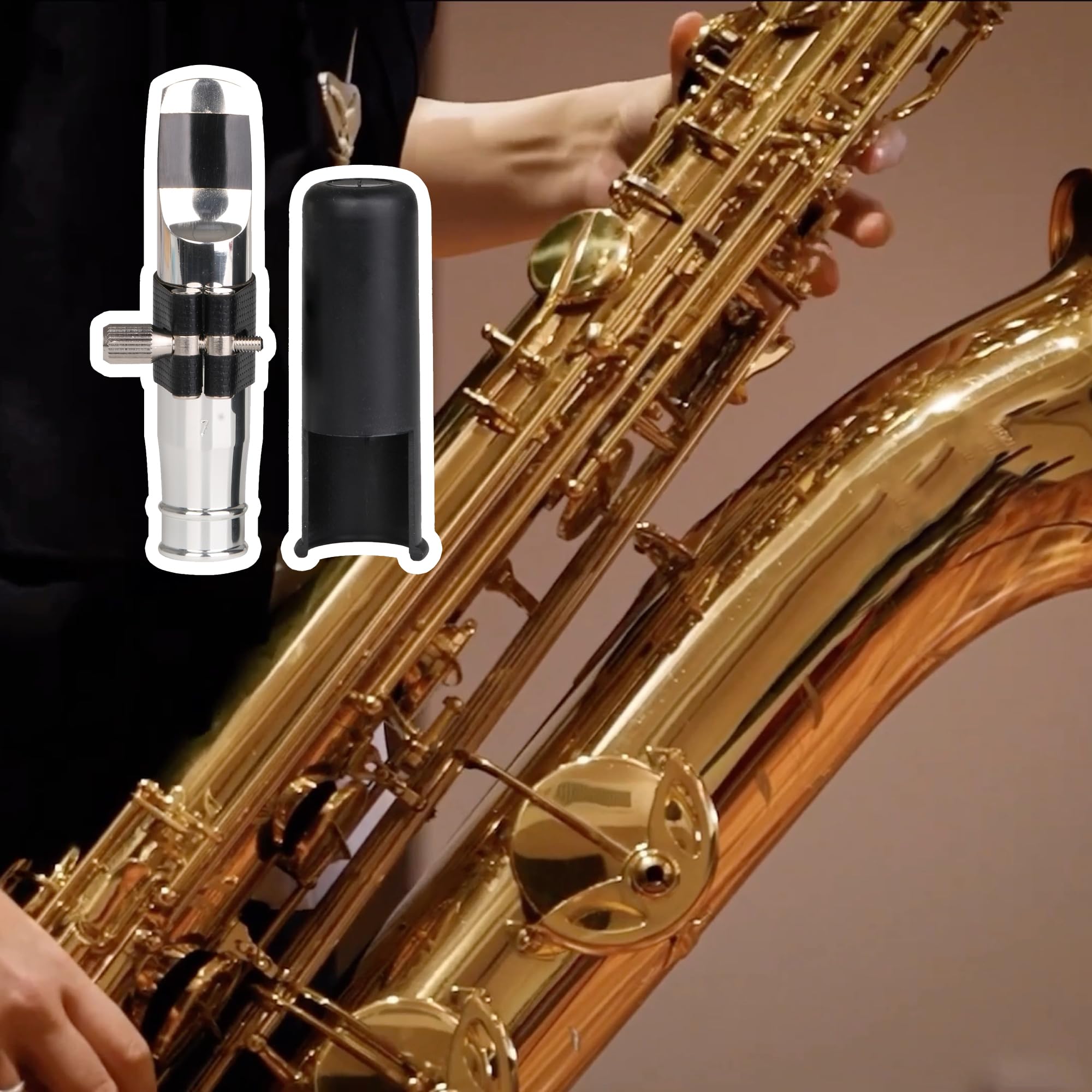 Yibuy Tenorsaxophon Mundstück Set 7# Größe Saxophon Ersatzteile aus versilbertem Kupfer + Leder + Kunststoff in Silber für Anfänger oder professionelle Saxophonisten
