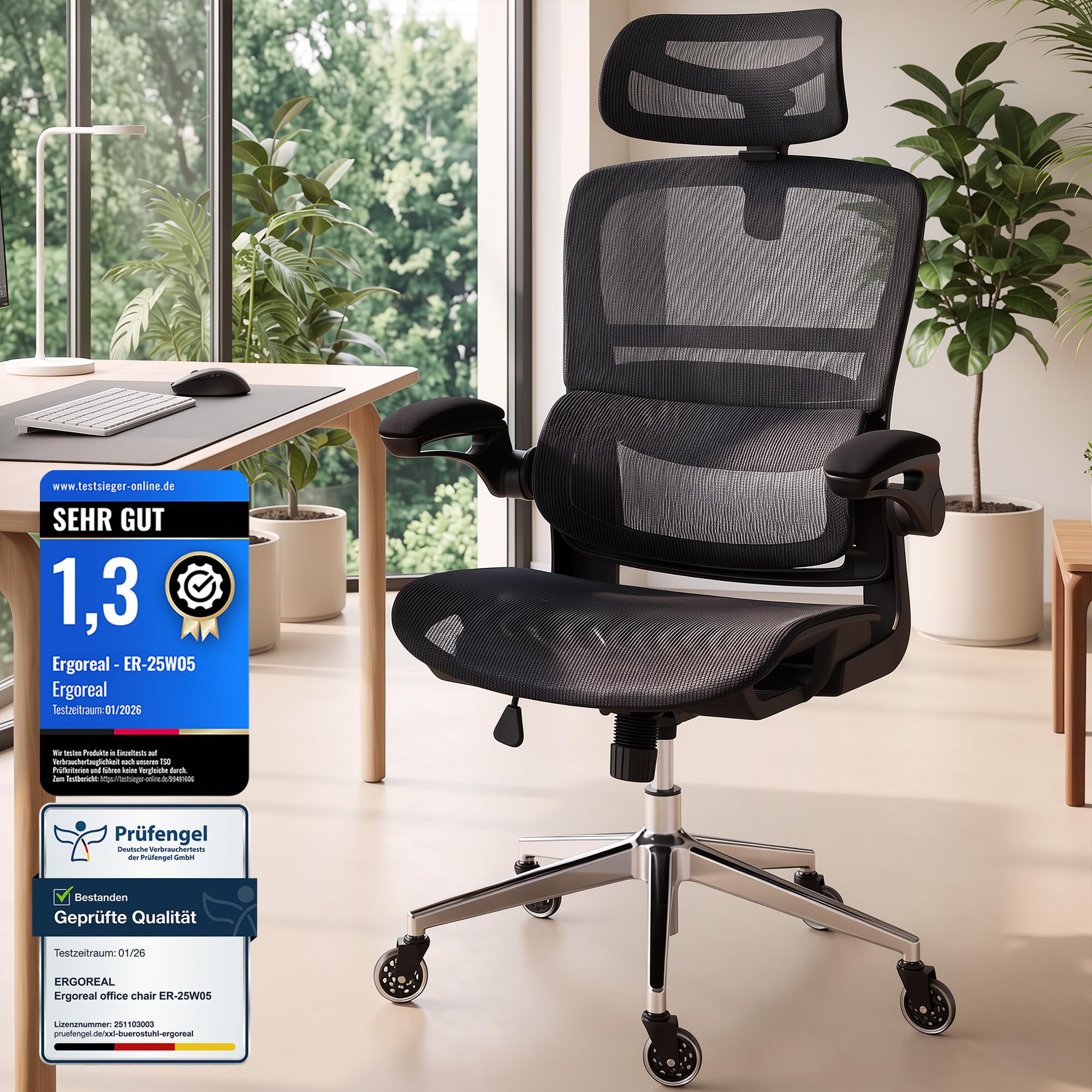 Ergoreal Ergonomischer Bürostuhl, 200kg, 3D-Kopfstütze, Mesh, Schwarz | 150kg Tragkraft, 3D-Kopfstütze, Lendenstütze, Mesh, Wippfunktion, klappbare Armlehnen, Silent-Rollen, für Homeoffice